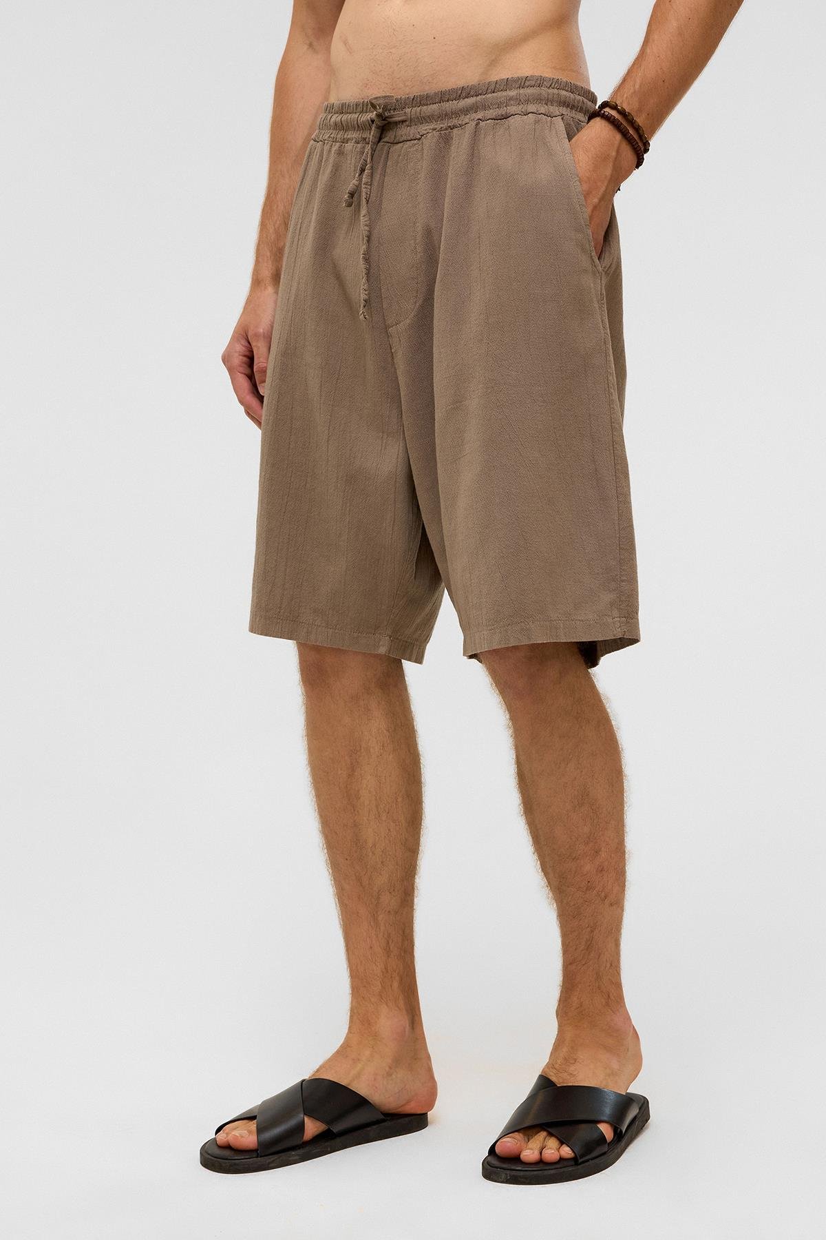 Oversize Keten Şort Kahve