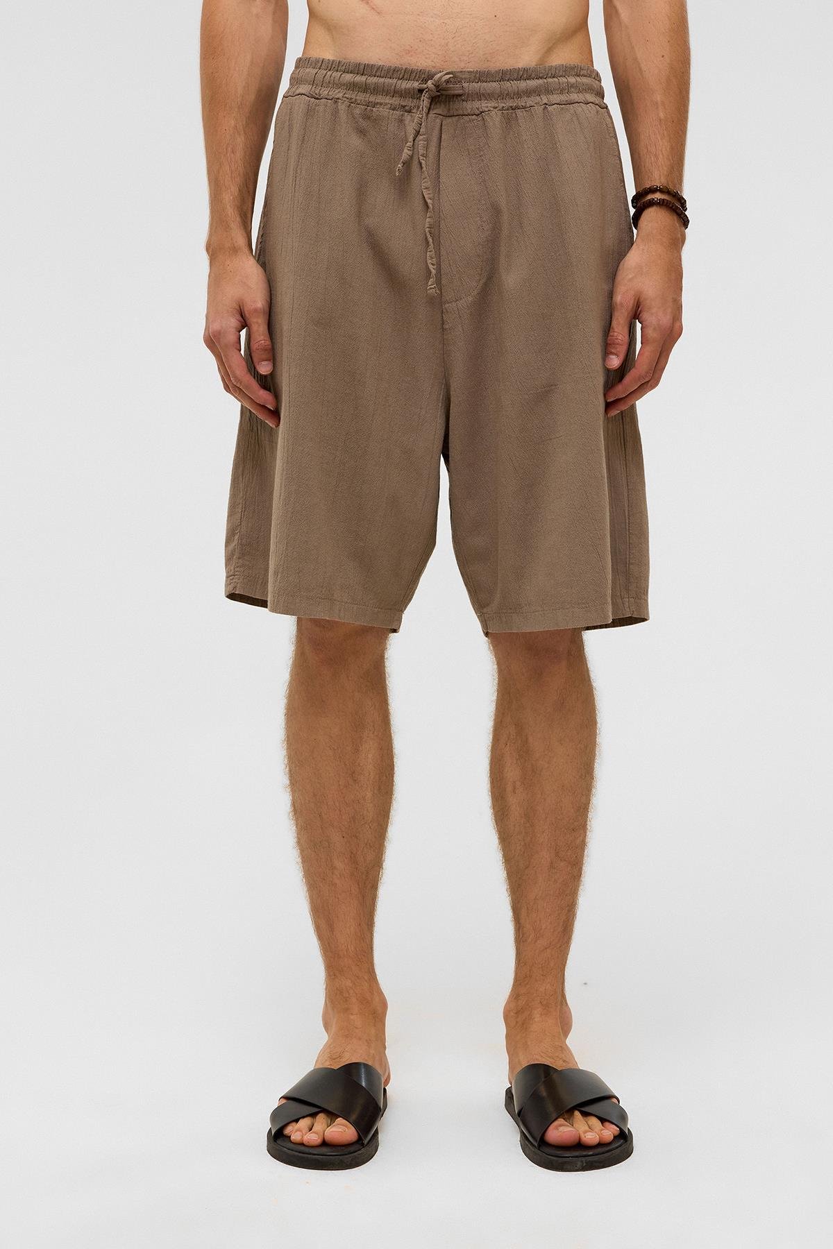 Oversize Keten Şort Kahve