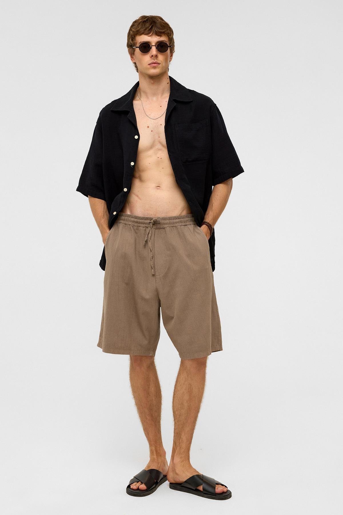 Oversize Keten Şort Kahve