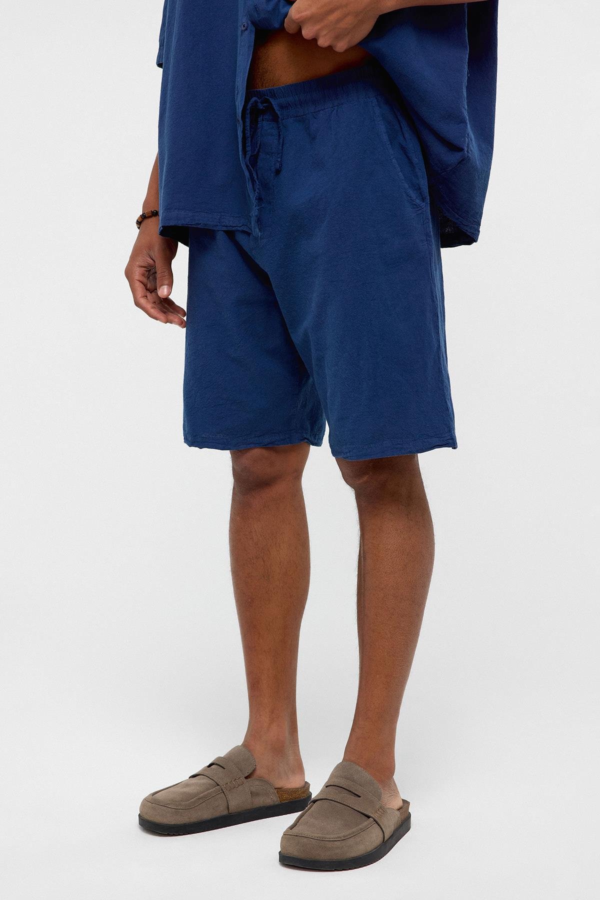 Oversize Keten Şort Lacivert