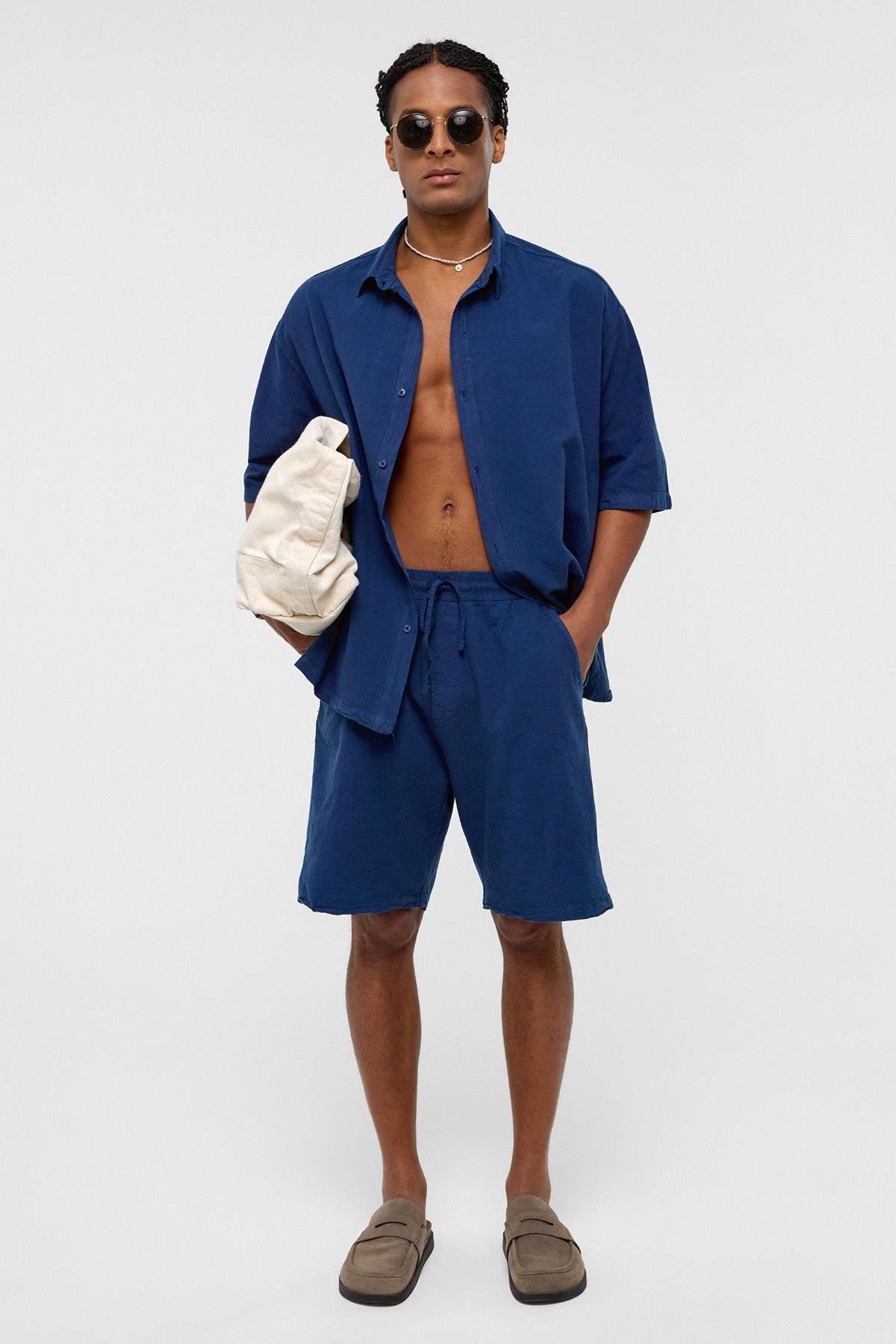 Oversize Keten Şort Lacivert