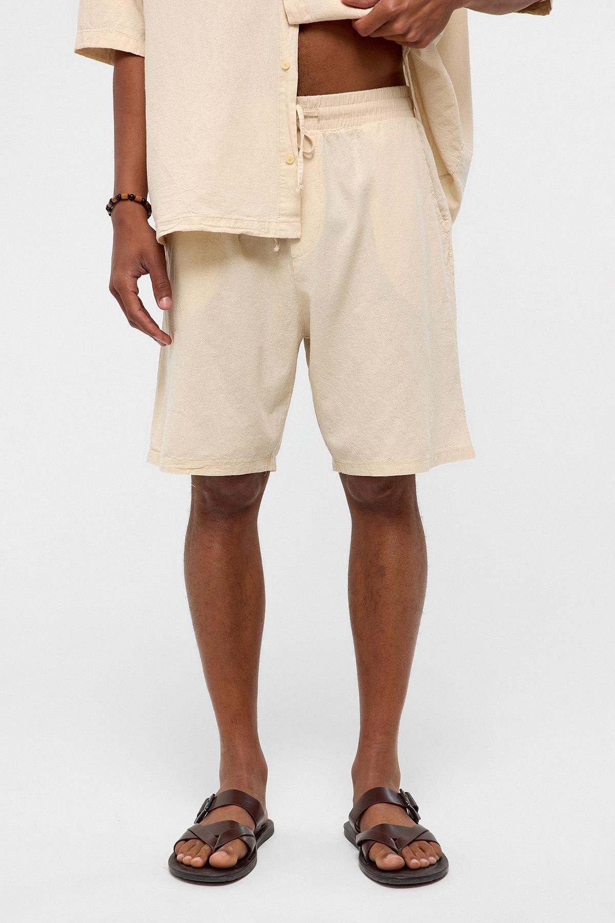 Oversize Keten Şort Naturel