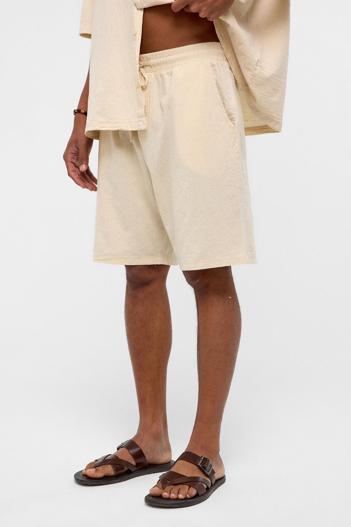 Oversize Keten Şort Naturel