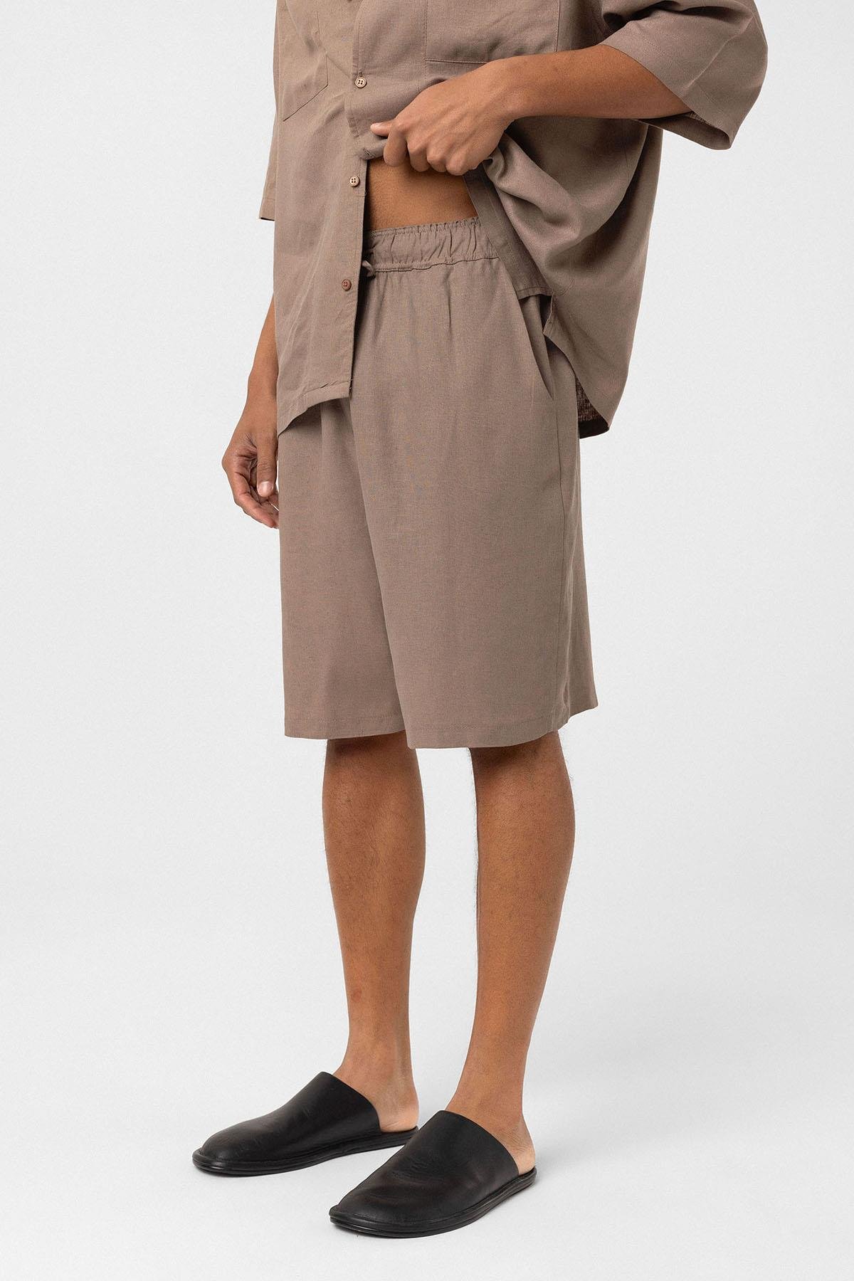 Oversize Keten Şort Vizon