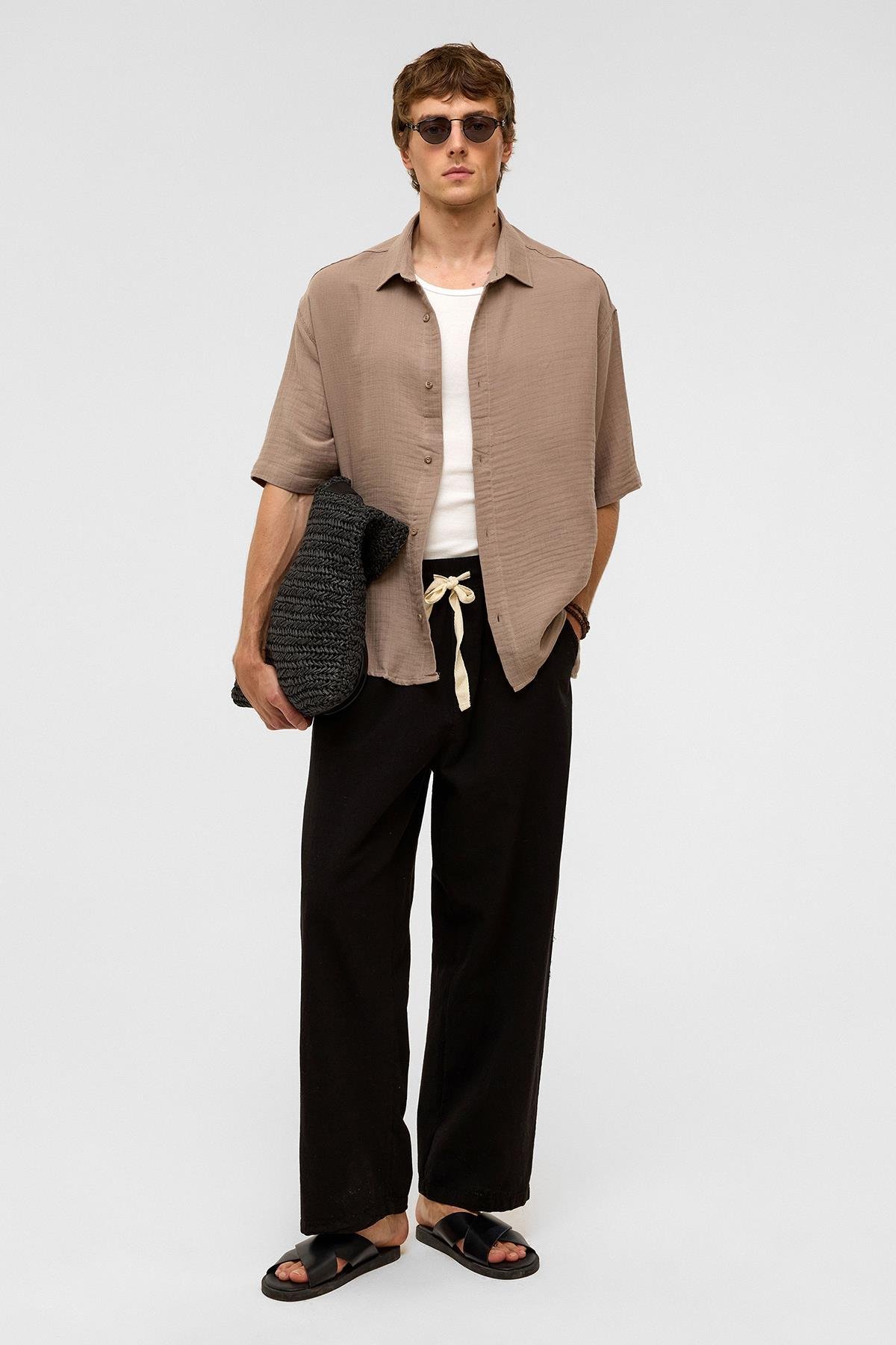 Oversize Kısa Kollıu Müslin Kumaş Gömlek Bej