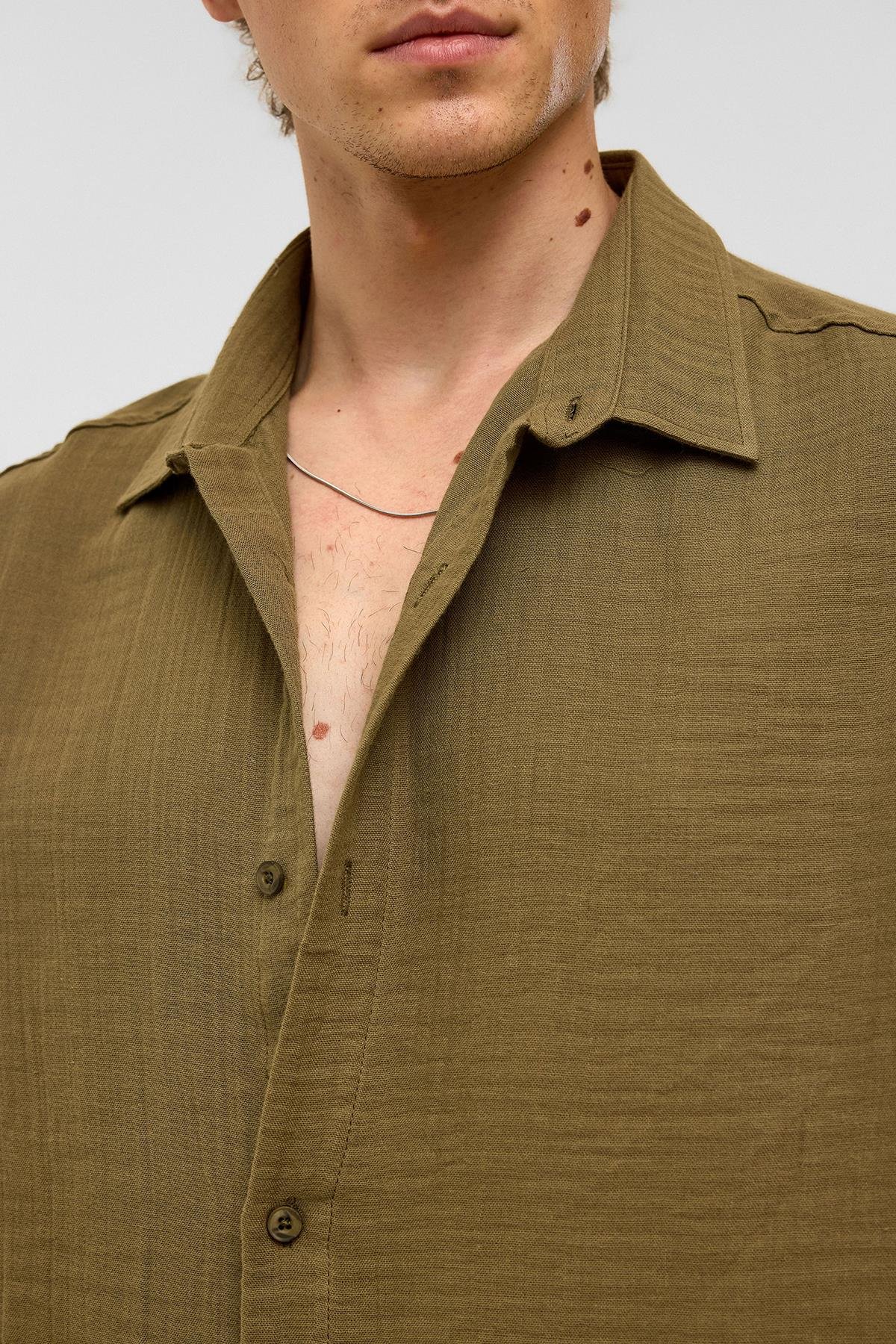 Oversize Kısa Kollıu Müslin Kumaş Gömlek Haki