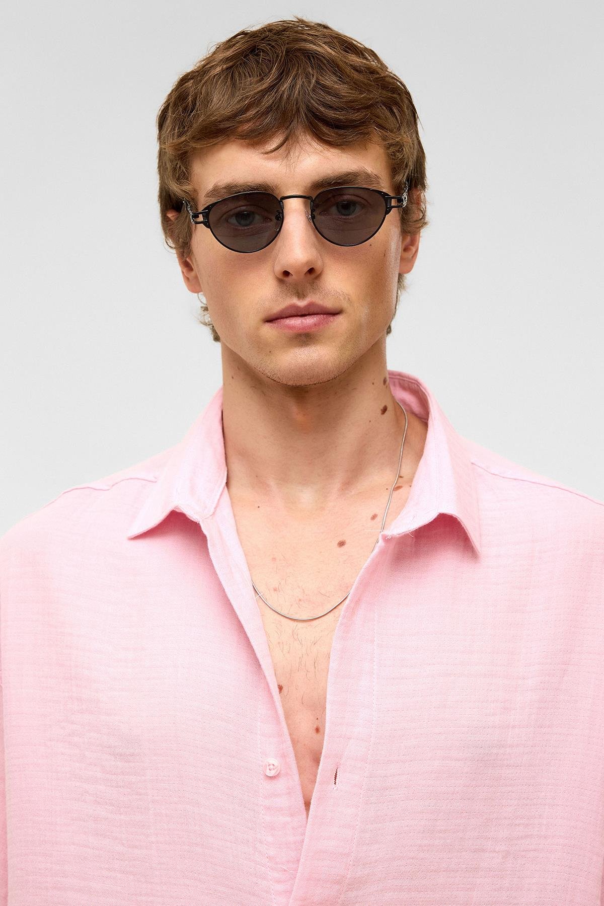 Oversize Kısa Kollıu Müslin Kumaş Gömlek Pembe