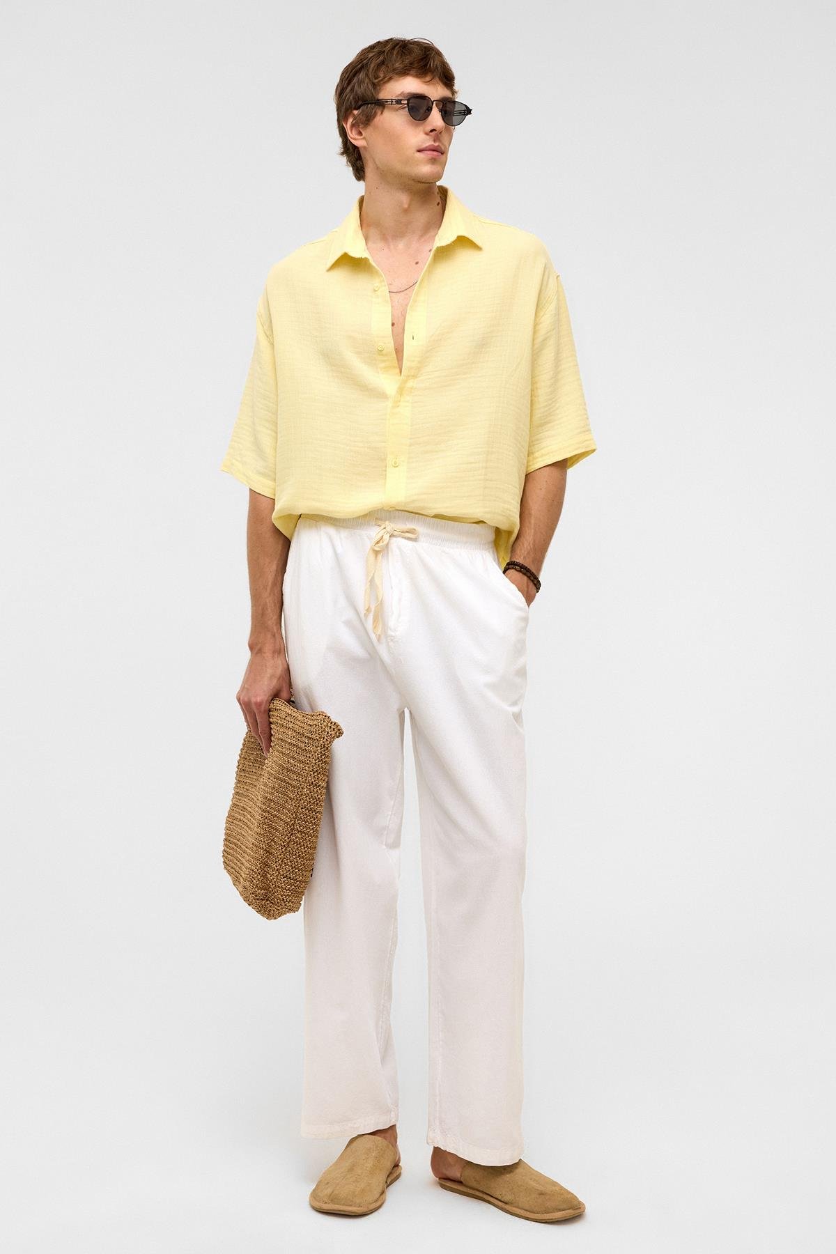 Oversize Kısa Kollıu Müslin Kumaş Gömlek Sarı