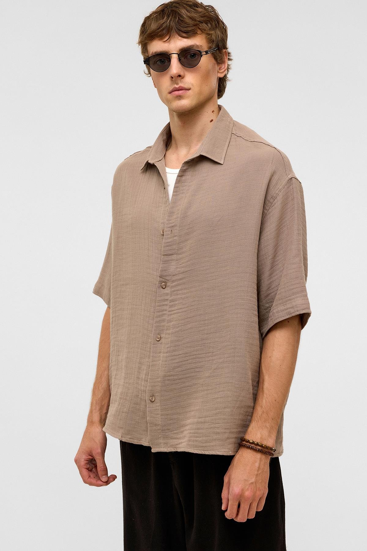 Oversize Kısa Kollıu Müslin Kumaş Gömlek Bej