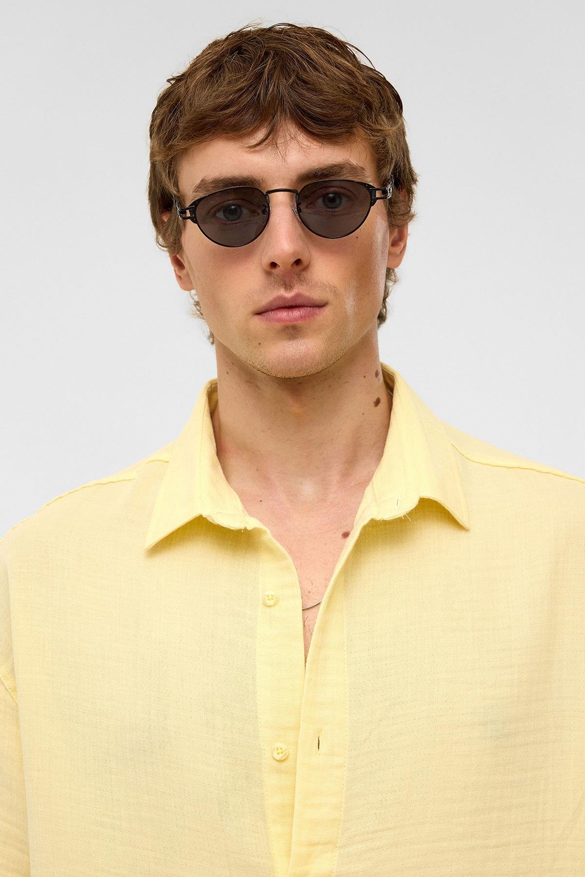 Oversize Kısa Kollıu Müslin Kumaş Gömlek Sarı