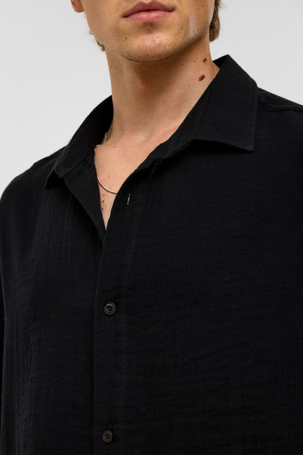 Oversize Kısa Kollıu Müslin Kumaş Gömlek Siyah