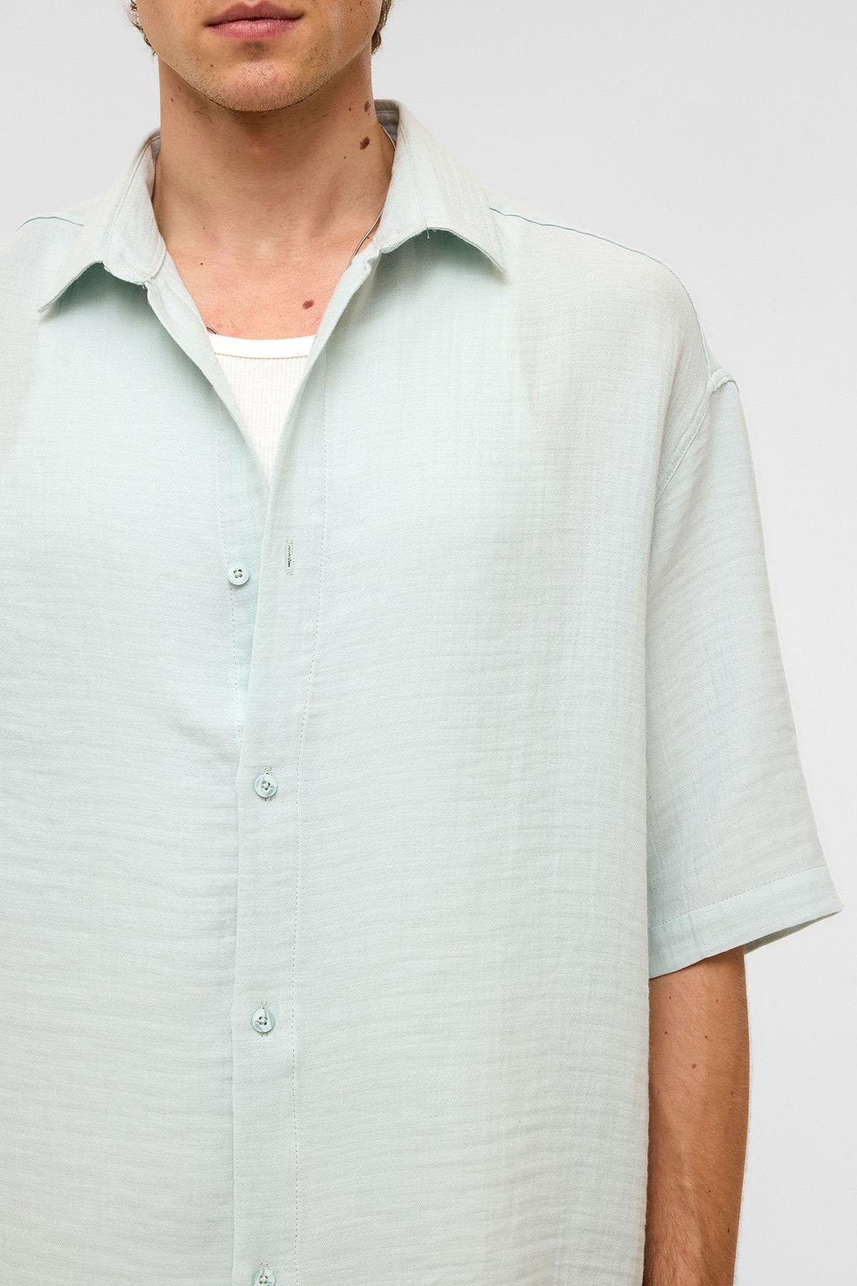 Oversize Kısa Kollıu Müslin Kumaş Gömlek Mavi