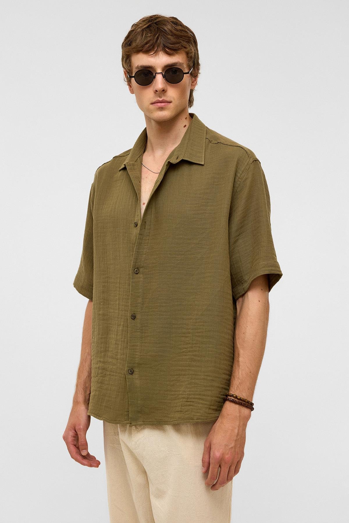 Oversize Kısa Kollıu Müslin Kumaş Gömlek Haki