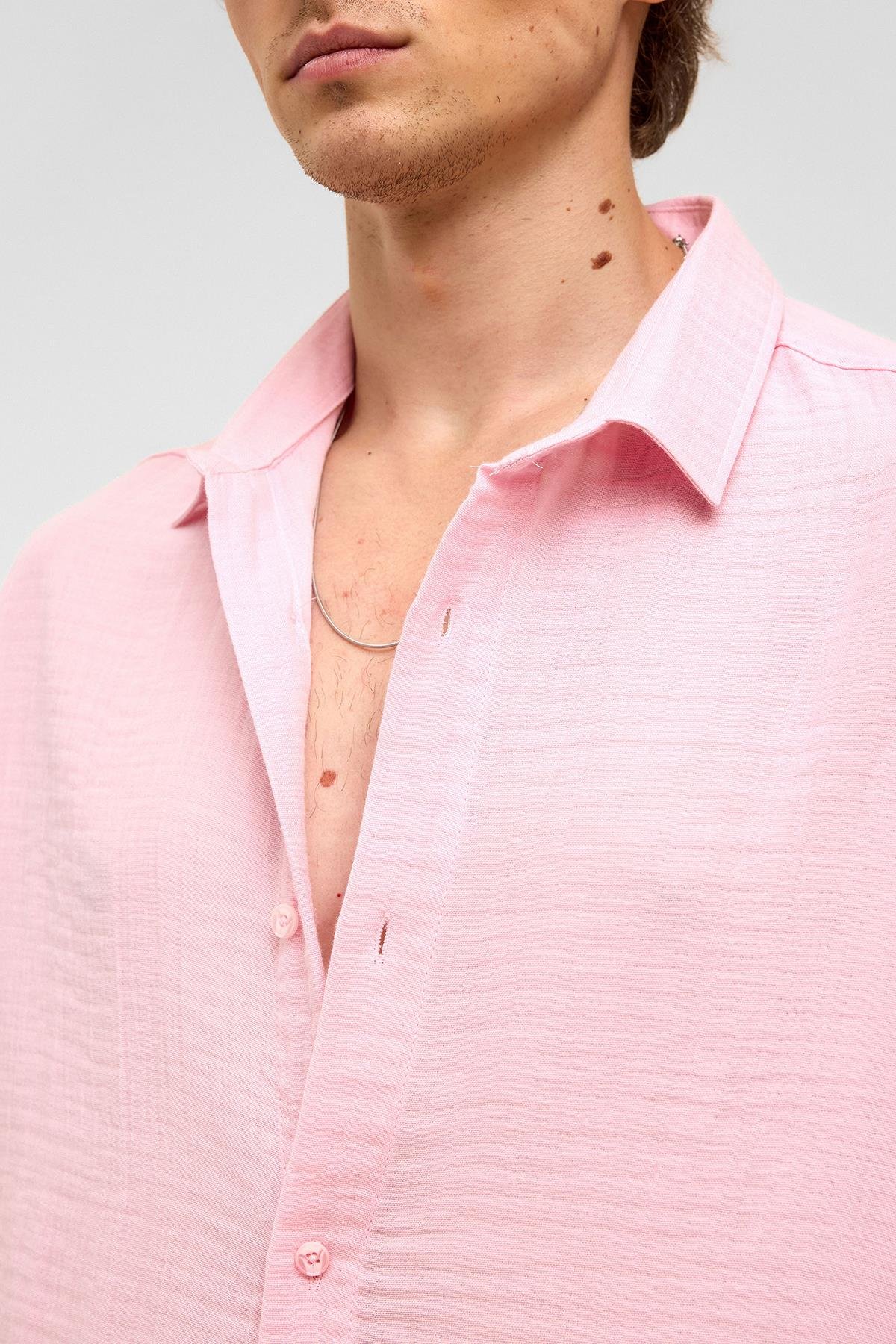 Oversize Kısa Kollıu Müslin Kumaş Gömlek Pembe