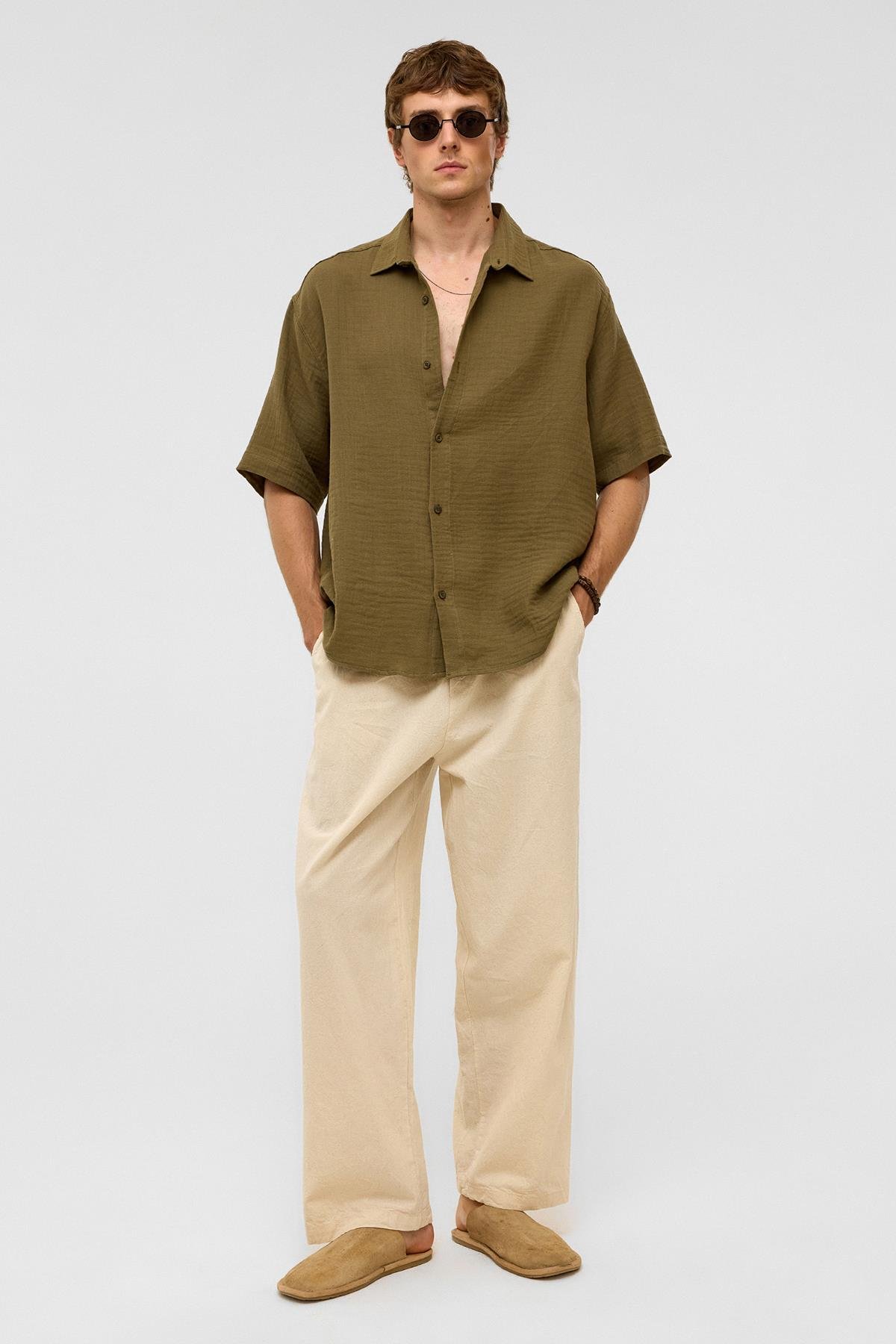 Oversize Kısa Kollıu Müslin Kumaş Gömlek Haki