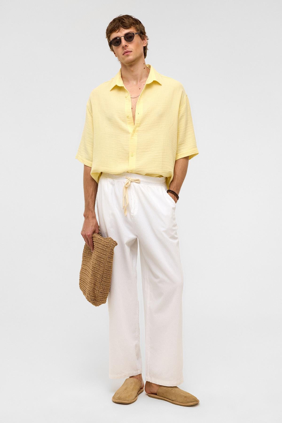 Oversize Kısa Kollıu Müslin Kumaş Gömlek Sarı
