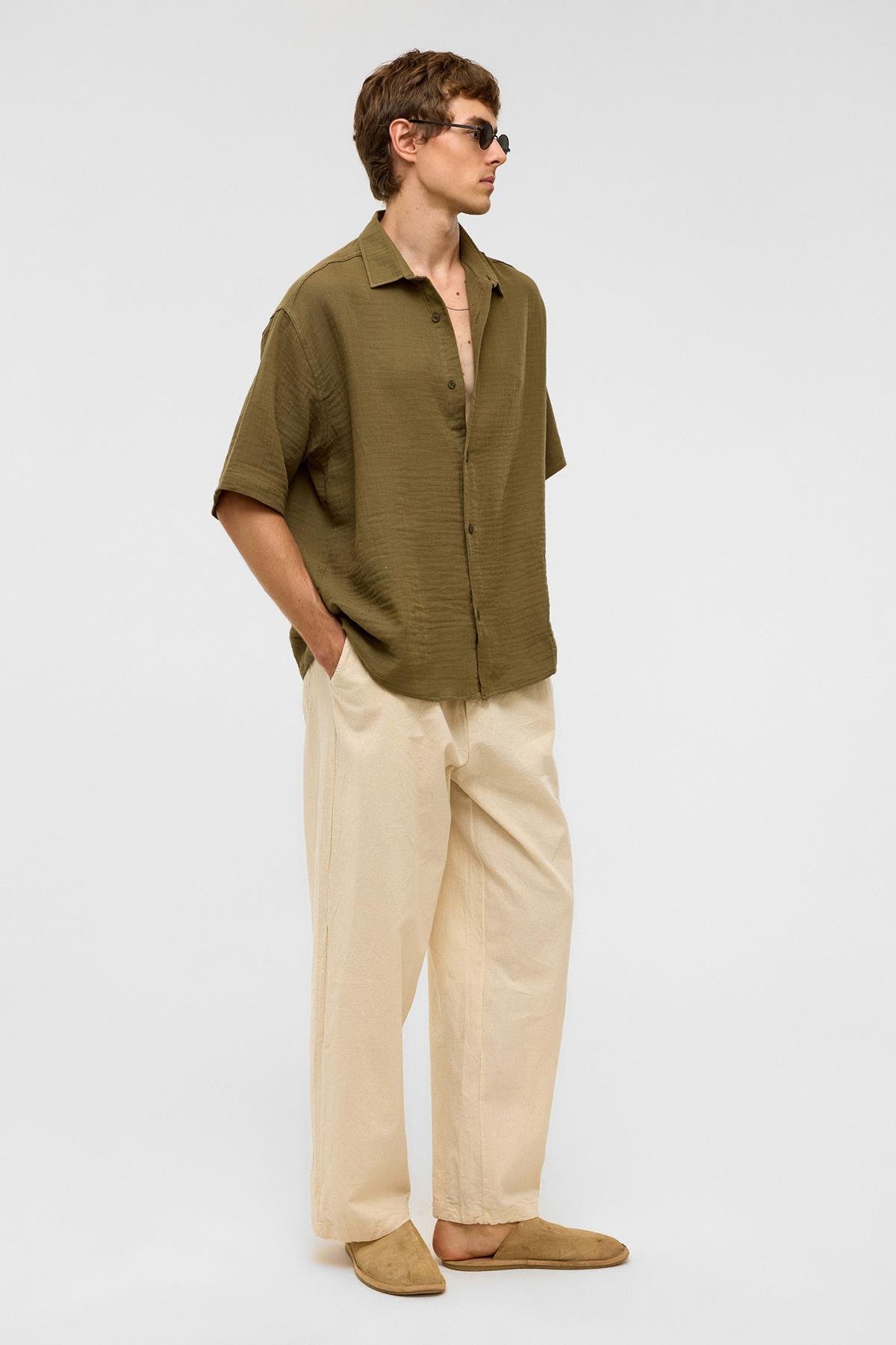 Oversize Kısa Kollıu Müslin Kumaş Gömlek Haki