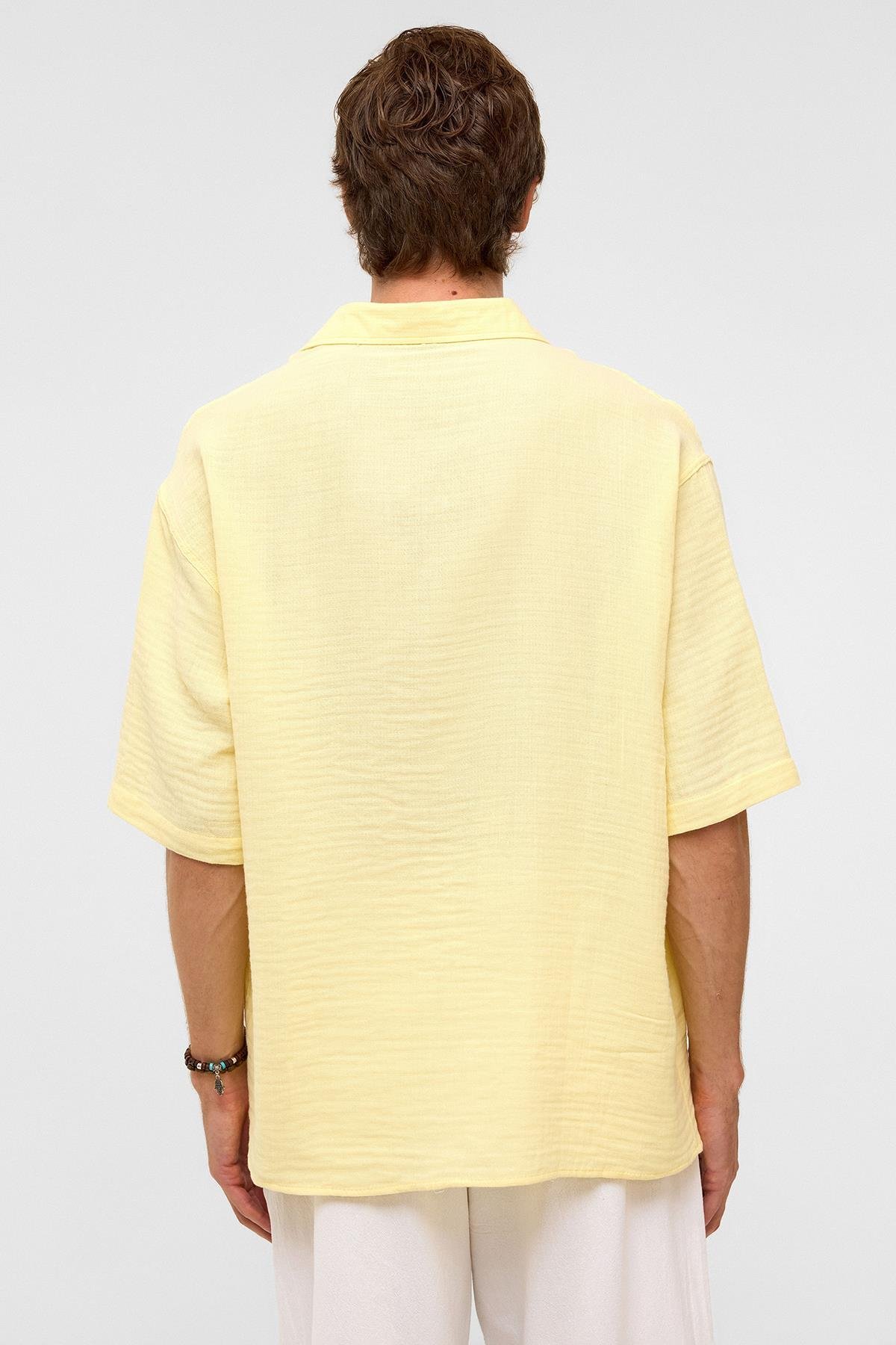 Oversize Kısa Kollıu Müslin Kumaş Gömlek Sarı
