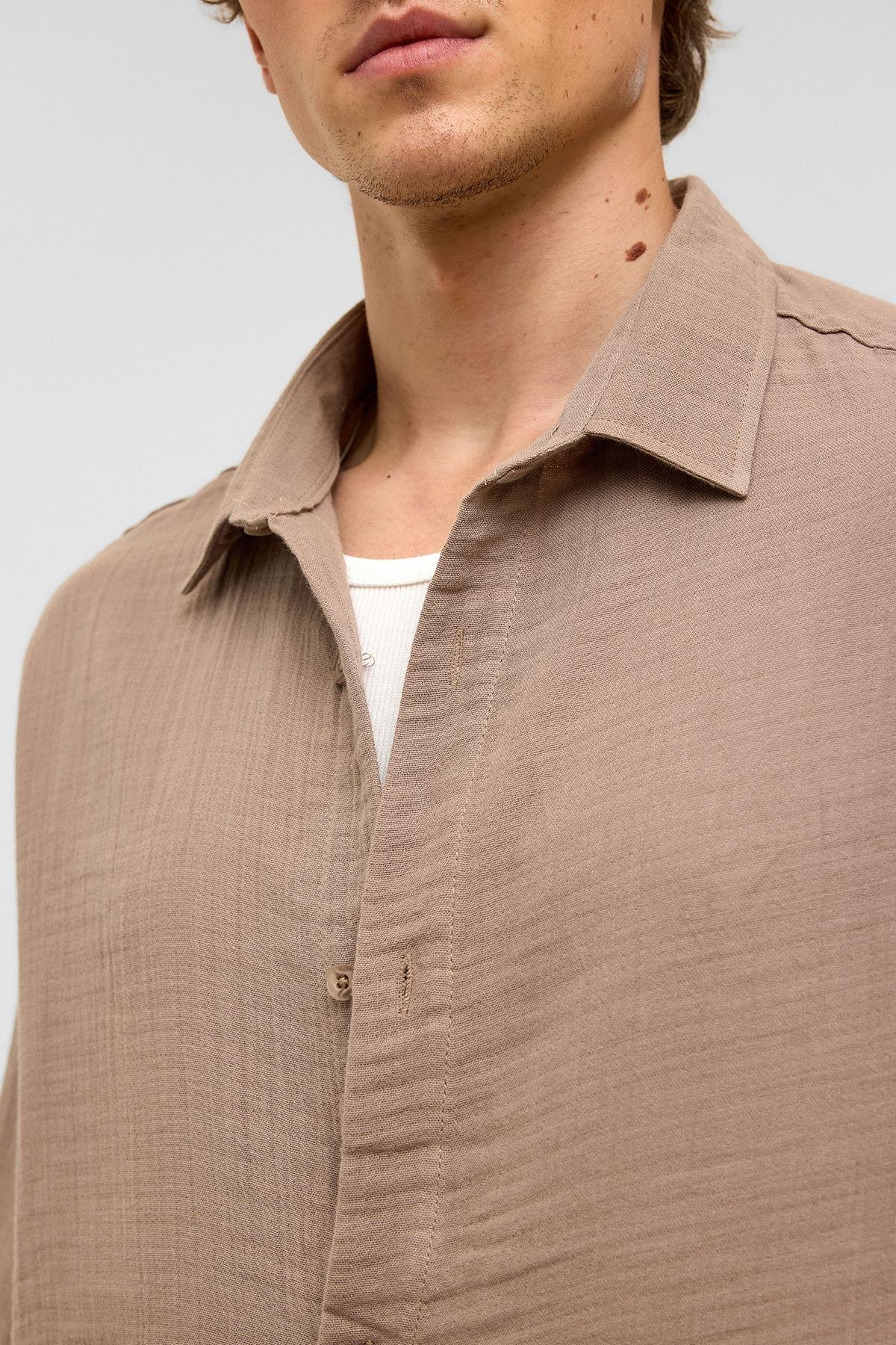 Oversize Kısa Kollıu Müslin Kumaş Gömlek Bej