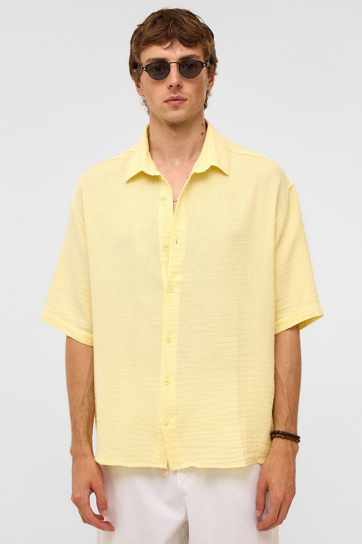Oversize Kısa Kollıu Müslin Kumaş Gömlek Sarı