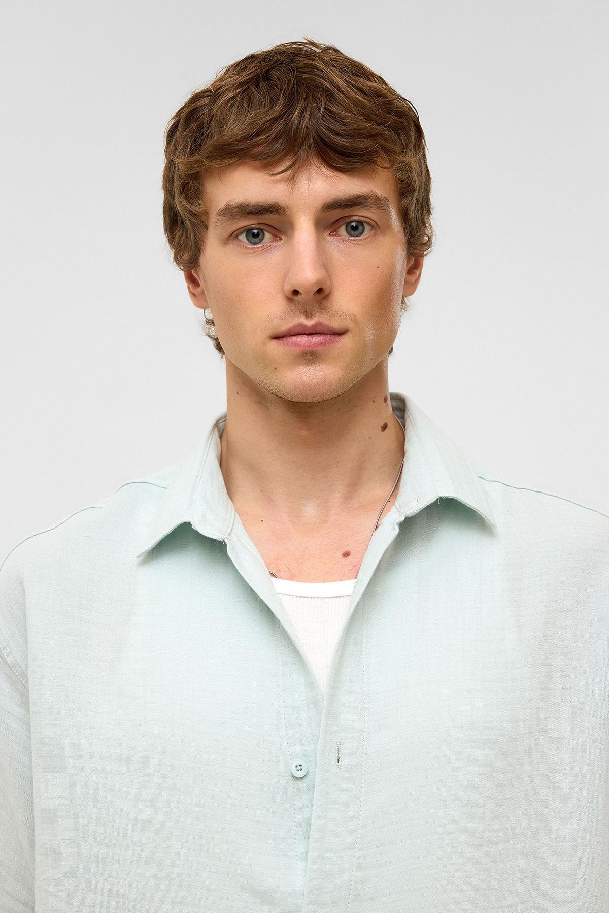 Oversize Kısa Kollıu Müslin Kumaş Gömlek Mavi