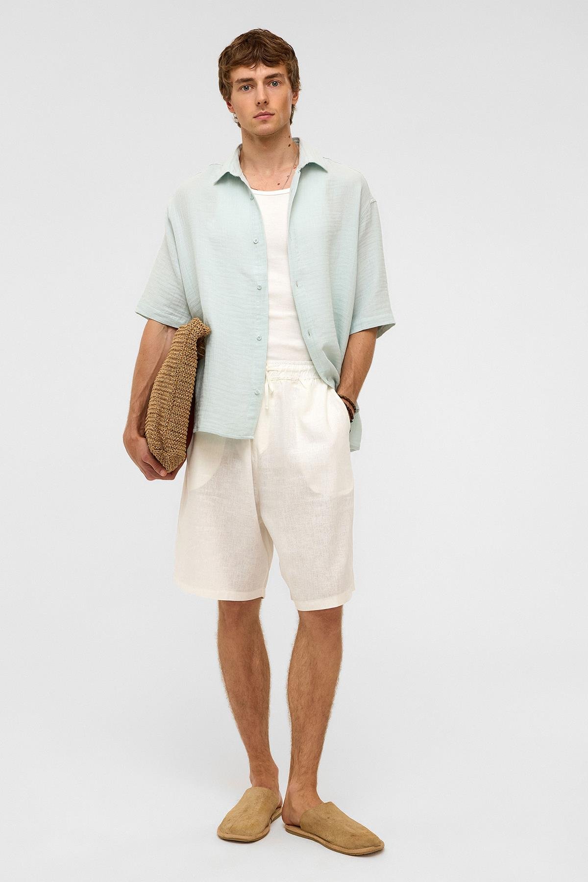 Oversize Kısa Kollıu Müslin Kumaş Gömlek Mavi