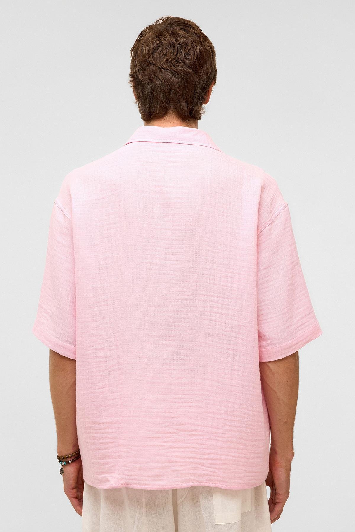 Oversize Kısa Kollıu Müslin Kumaş Gömlek Pembe
