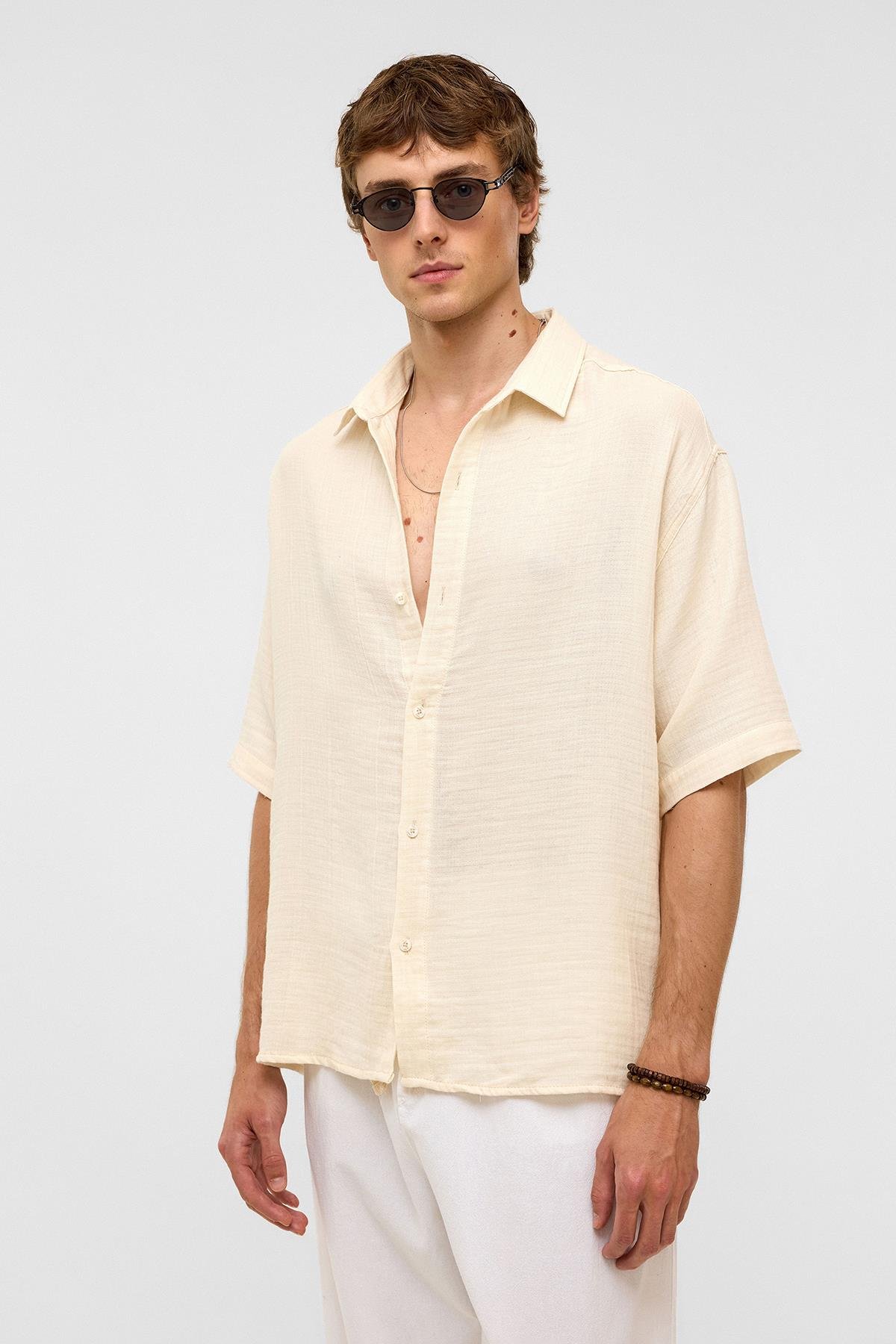 Oversize Kısa Kollıu Müslin Kumaş Gömlek Naturel