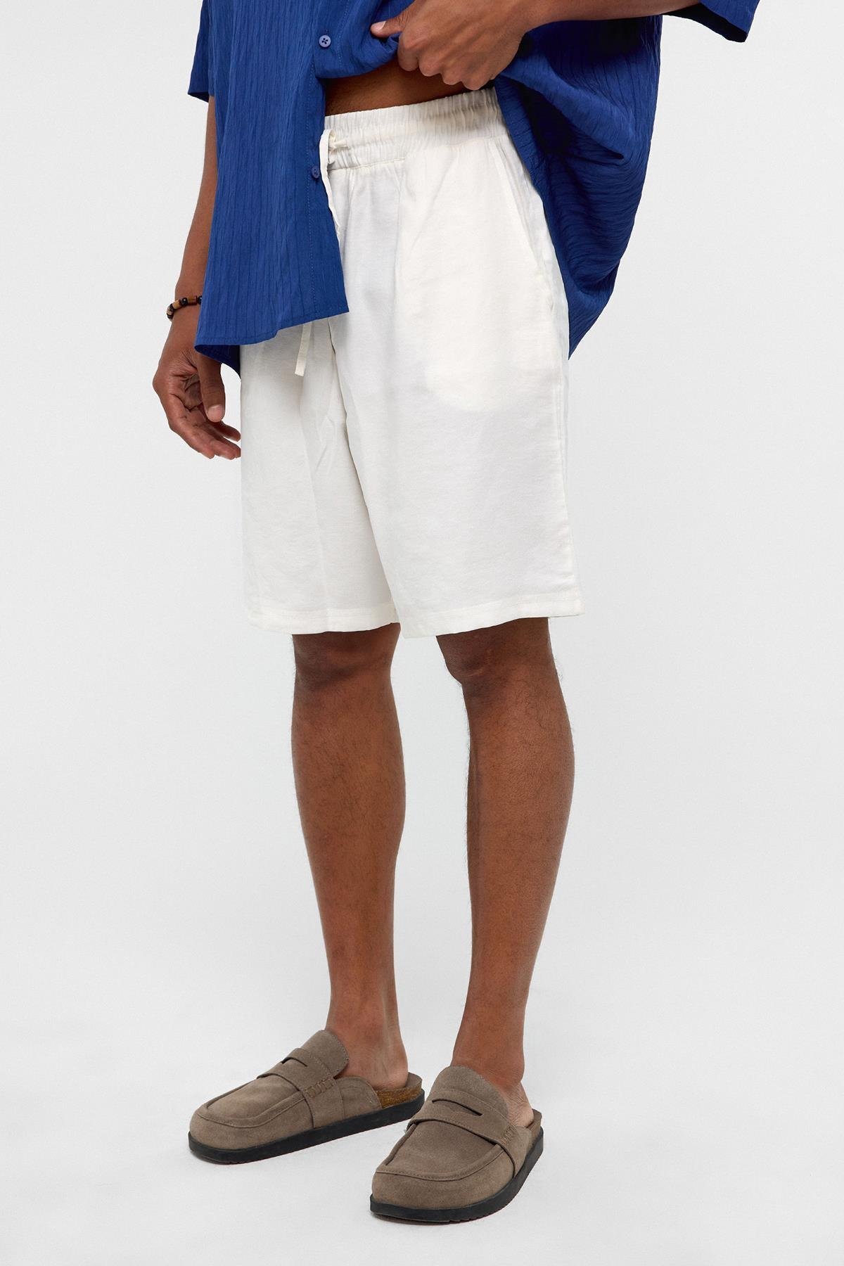 Oversize Modal Kumaş Bermuda Şort Ekru