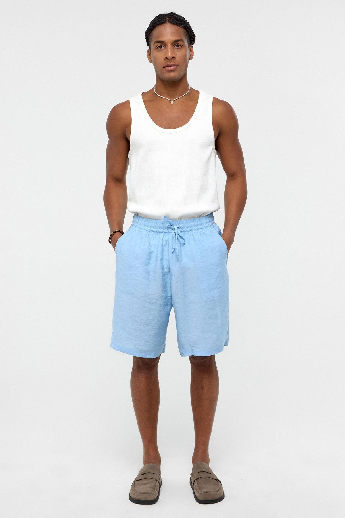 Oversize Modal Kumaş Bermuda Şort Mavi