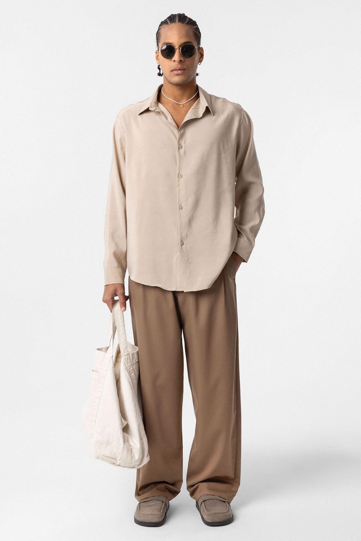 Oversize Modal Kumaş Gömlek Bej