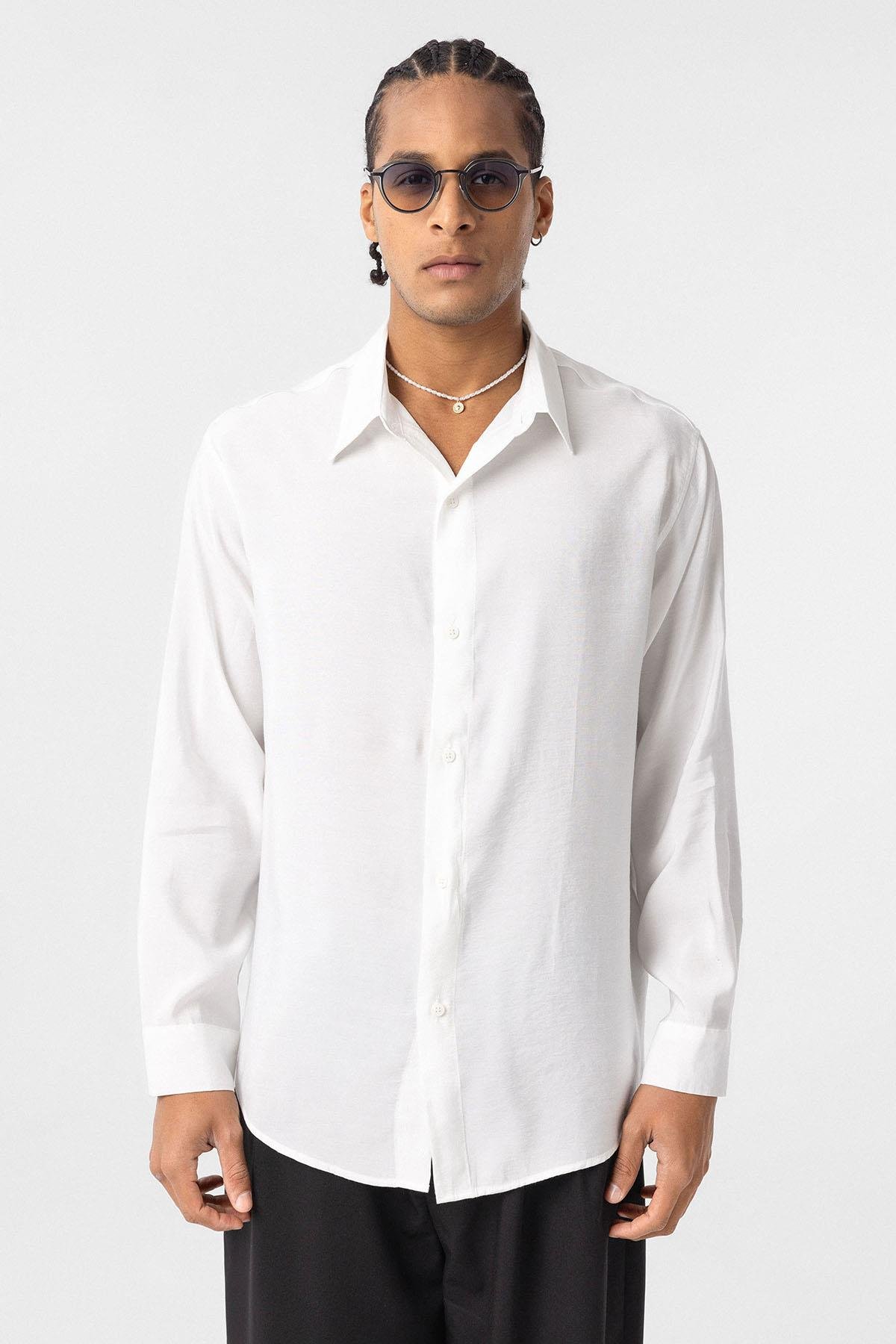Oversize Modal Kumaş Gömlek Beyaz