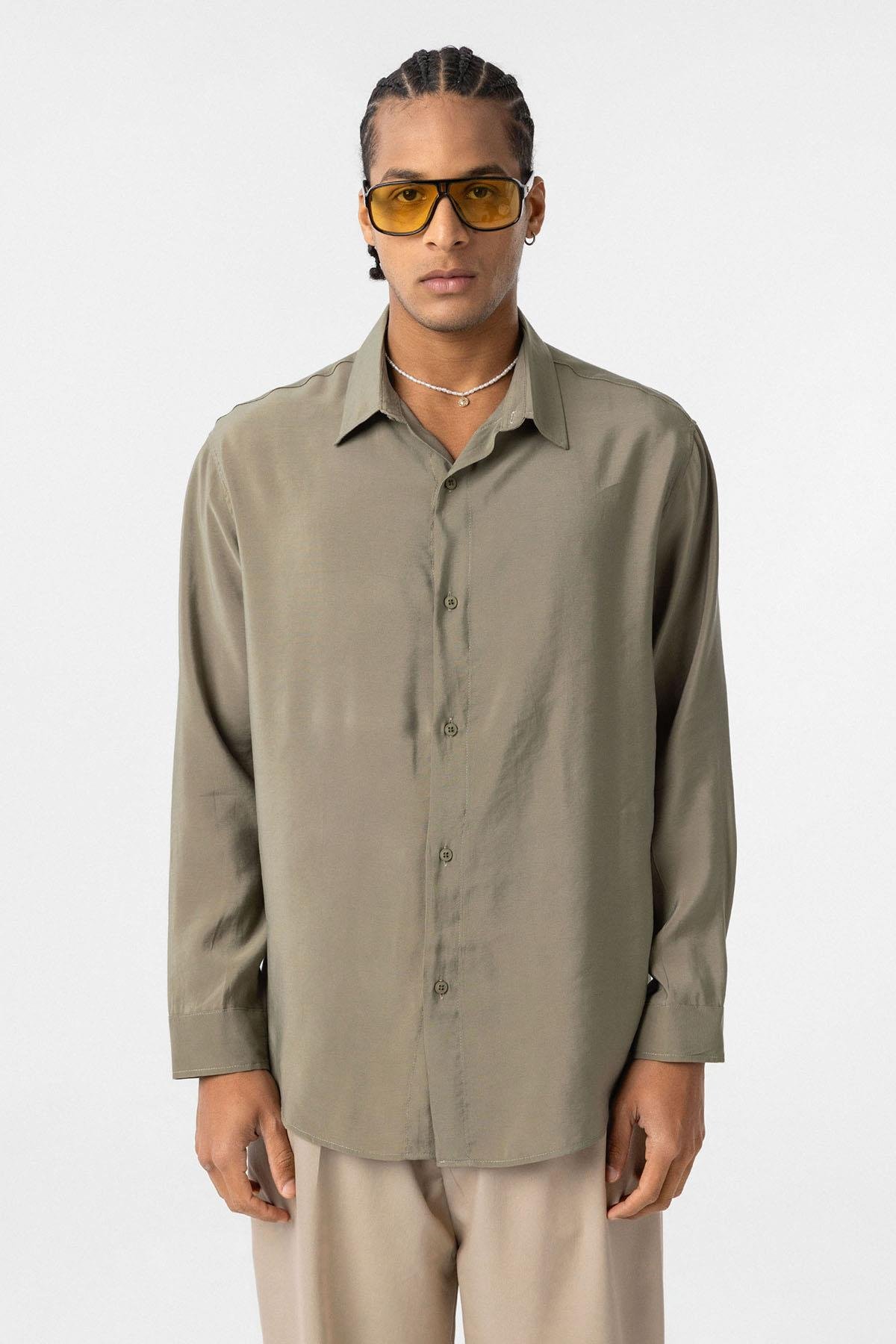 Oversize Modal Kumaş Gömlek Haki