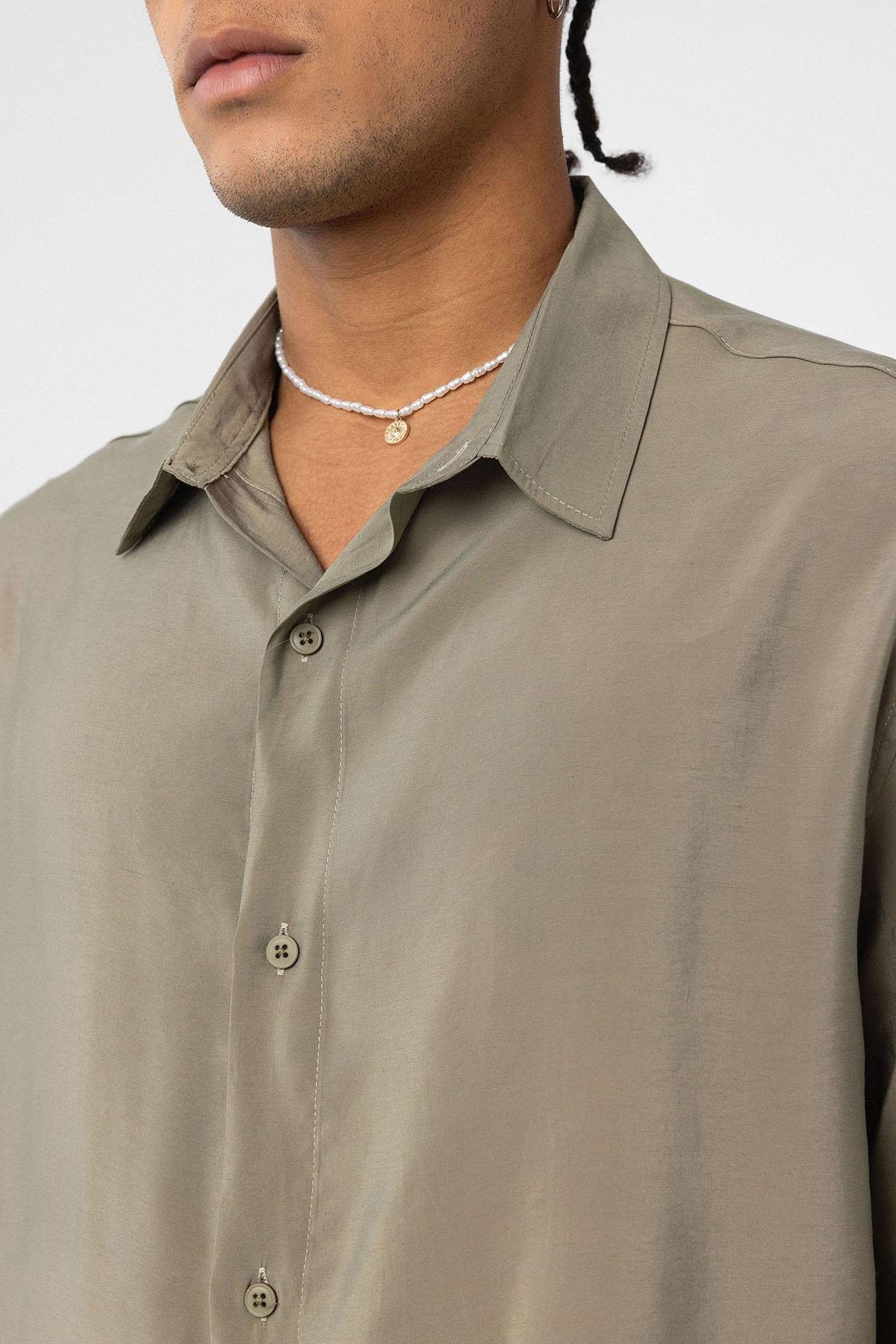 Oversize Modal Kumaş Gömlek Haki