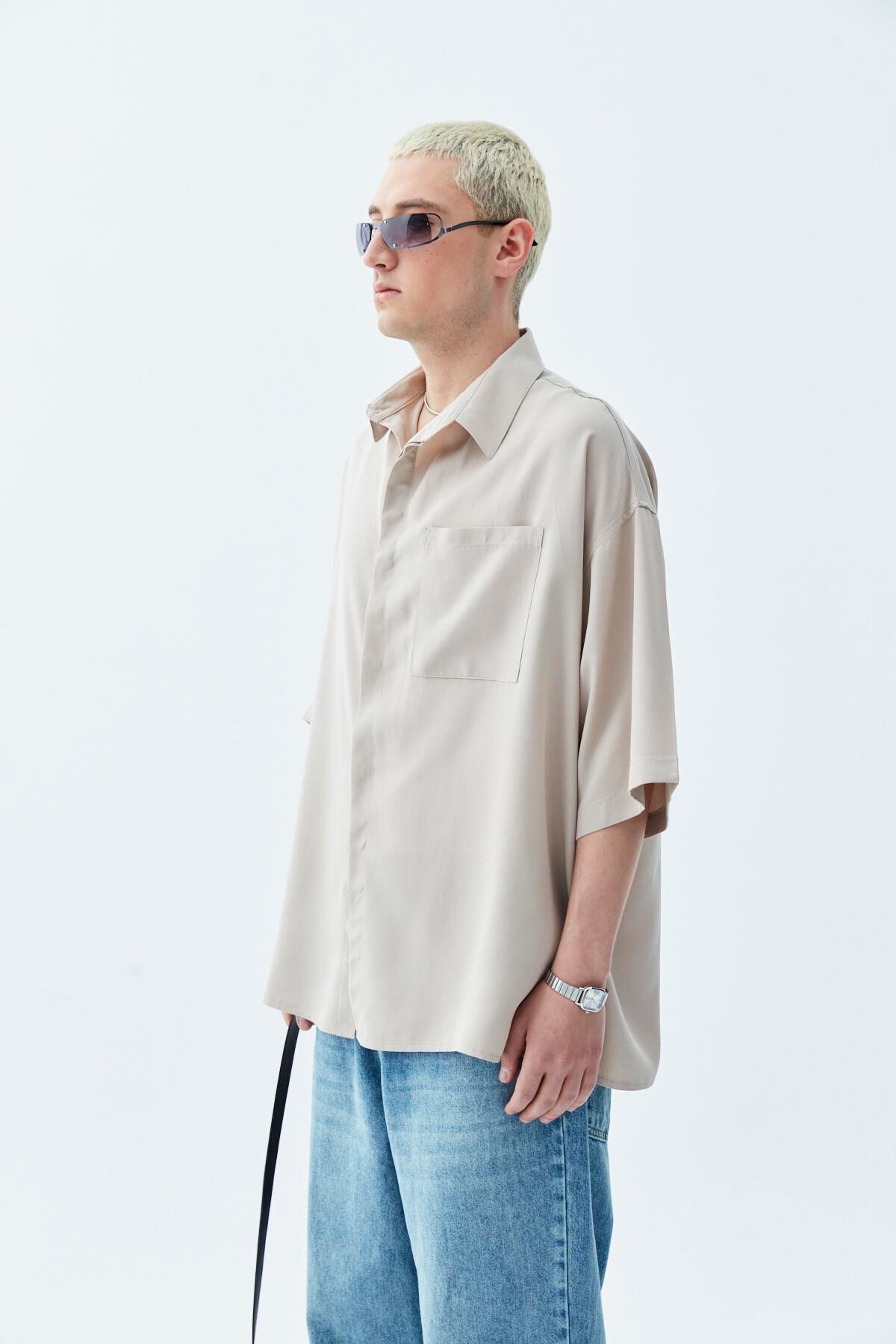 Oversize Tek Cepli Kısa Kol Keten Gömlek Bej