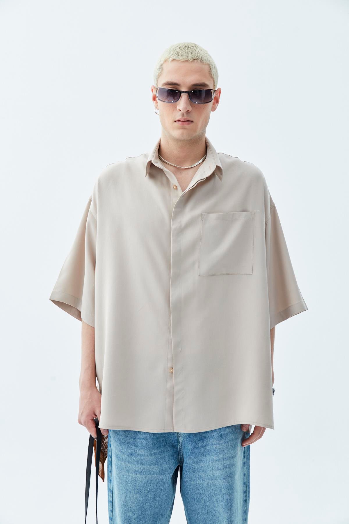 Oversize Tek Cepli Kısa Kol Keten Gömlek Bej