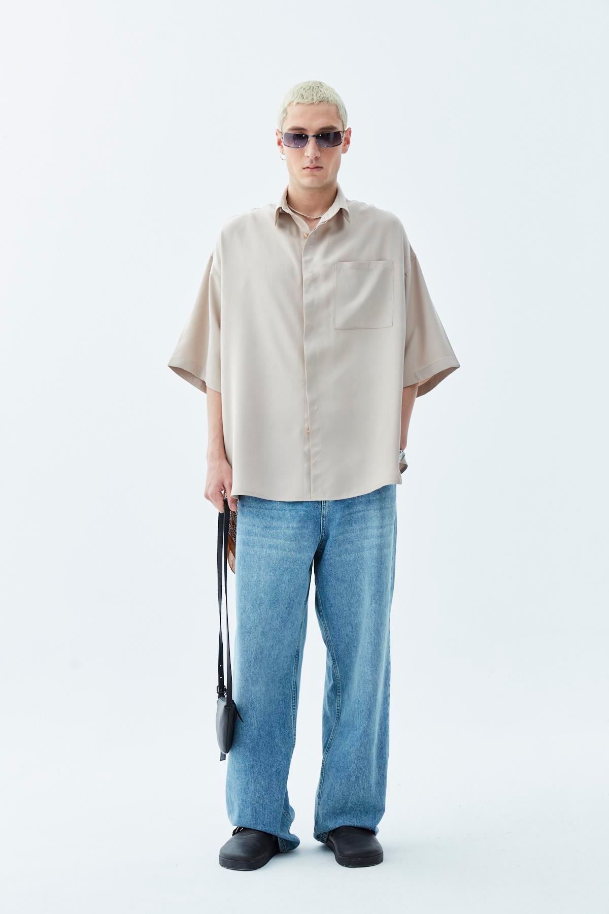 Oversize Tek Cepli Kısa Kol Keten Gömlek Bej