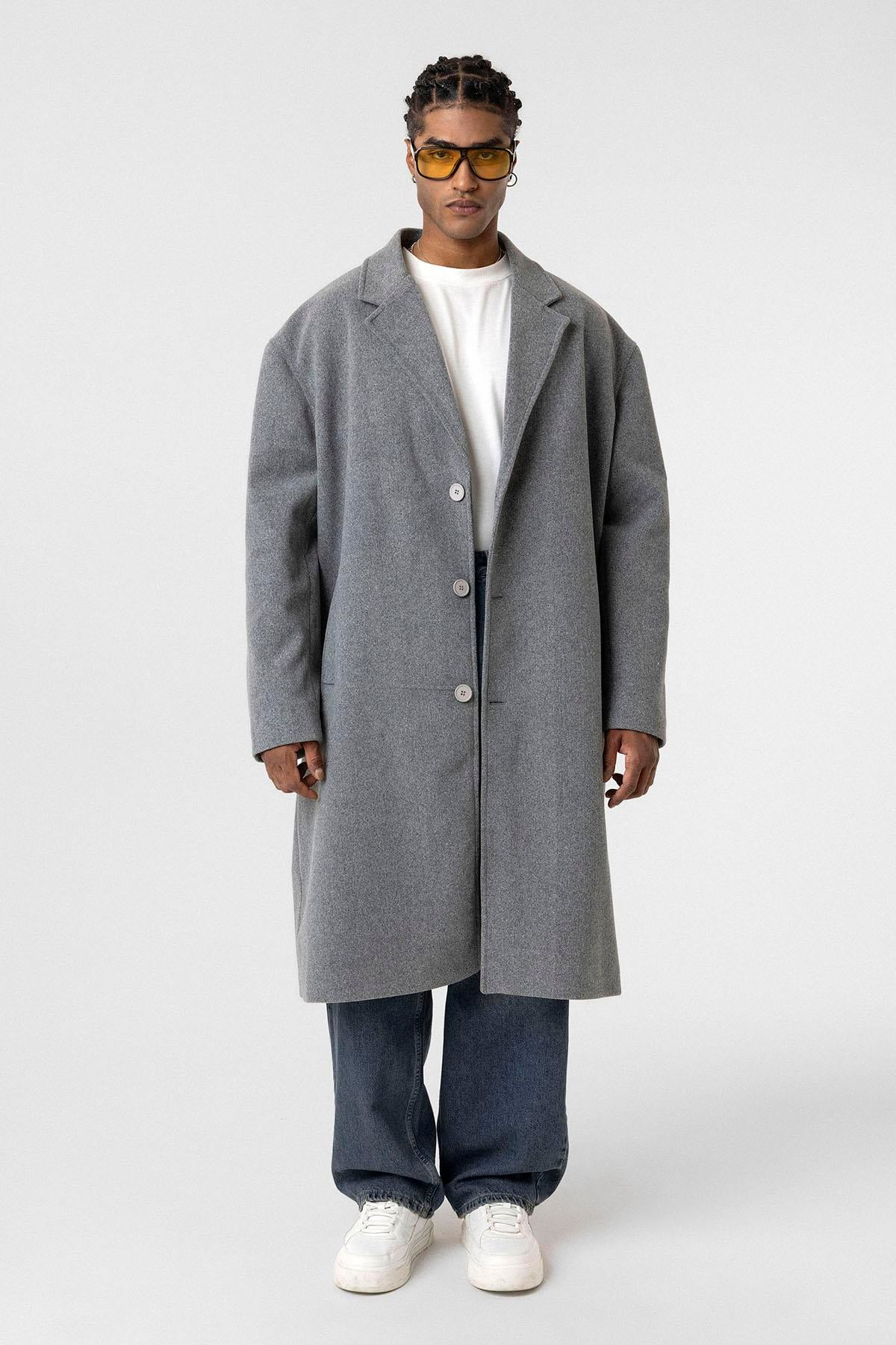 Oversize Uzun Kaşe Kaban Gri