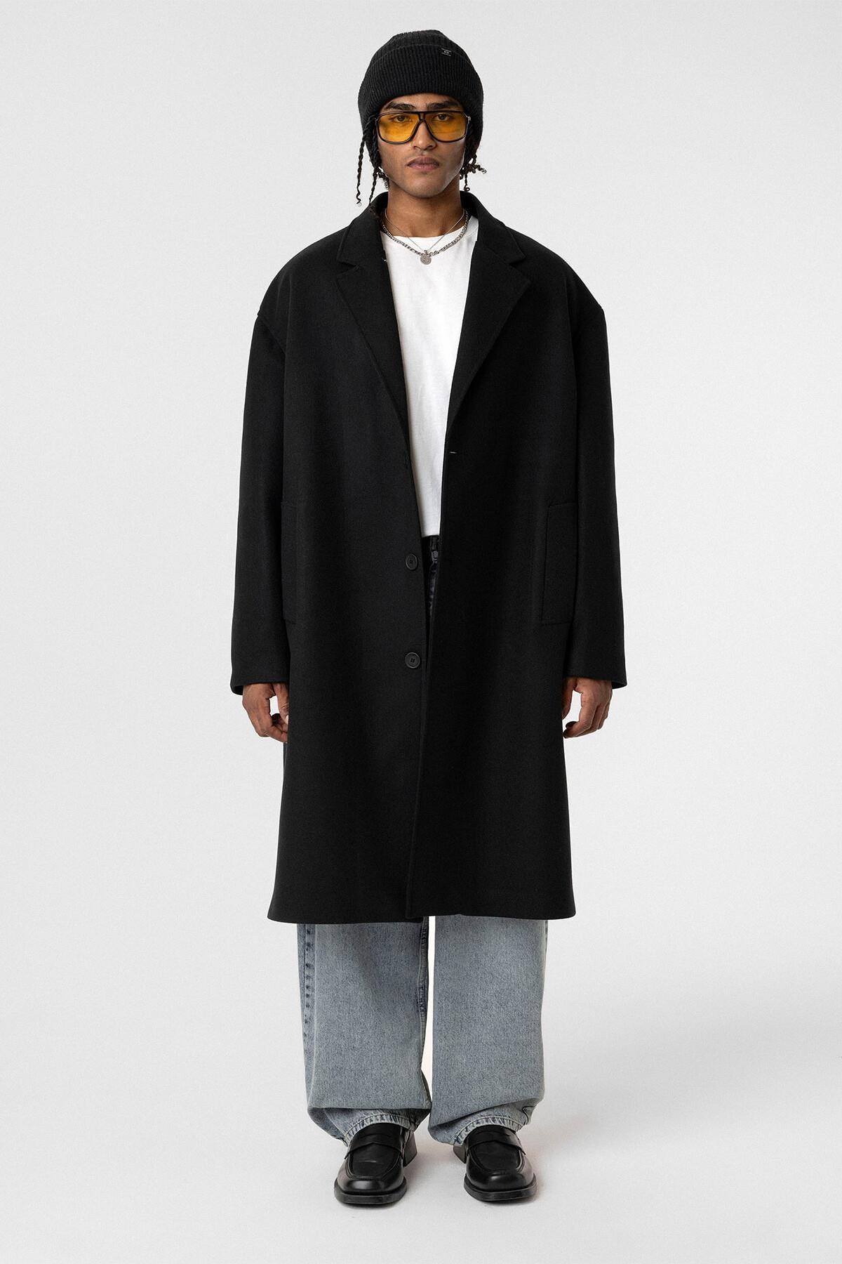 Oversize Uzun Kaşe Kaban Siyah