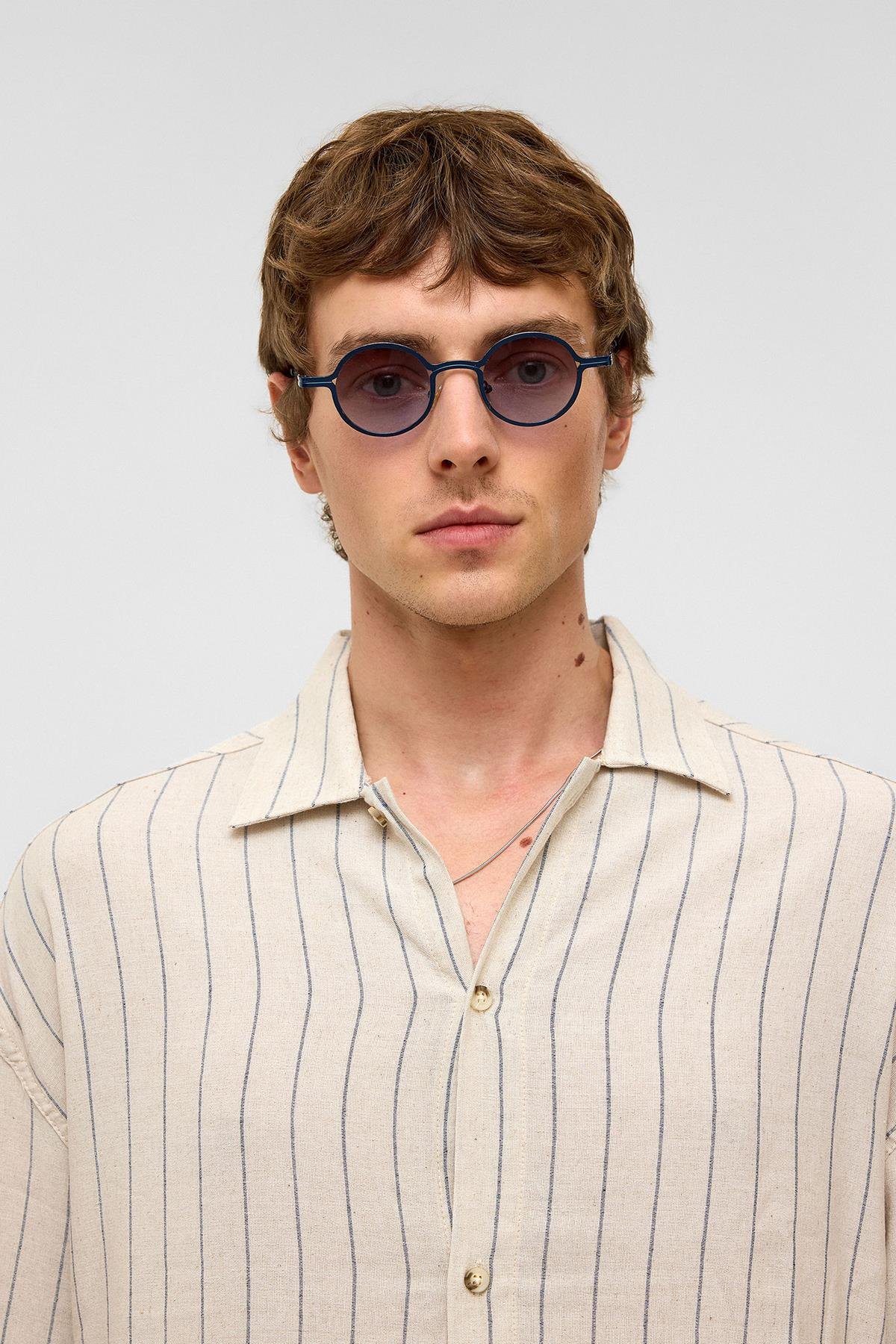 Oversize Uzun Kollu Çizgili Keten Gömlek İndigo