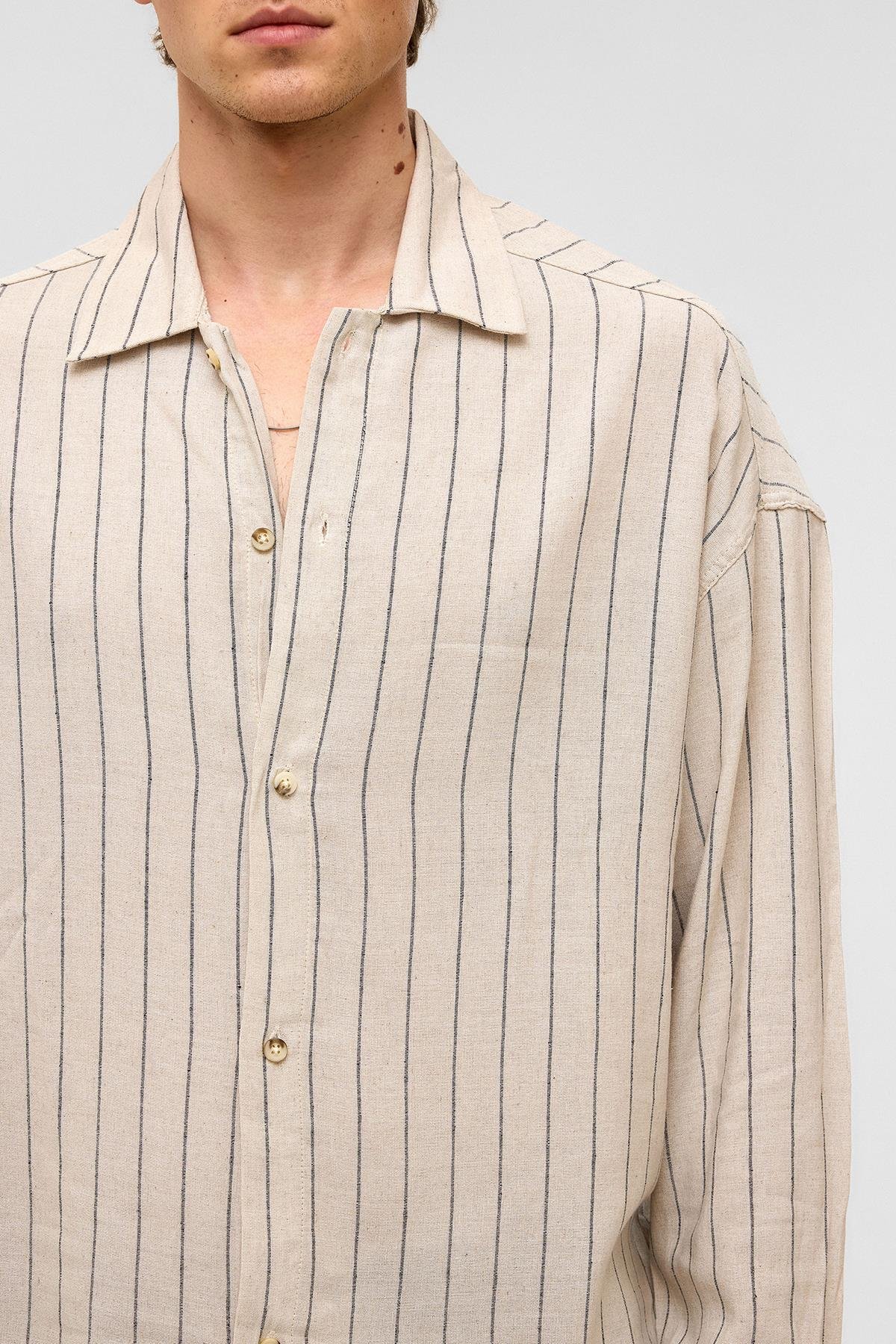 Oversize Uzun Kollu Çizgili Keten Gömlek Siyah