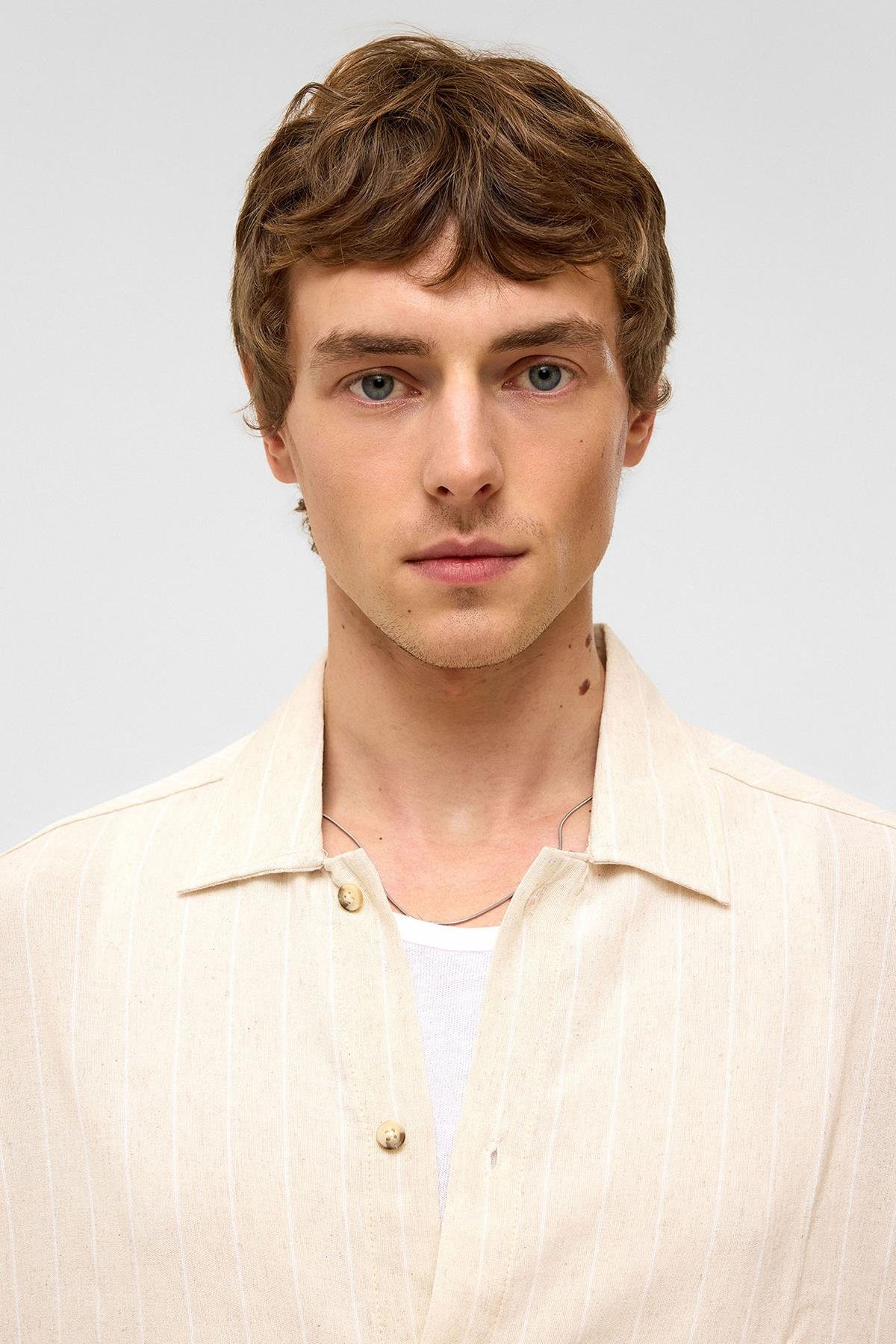 Oversize Uzun Kollu Çizgili Keten Gömlek Beyaz