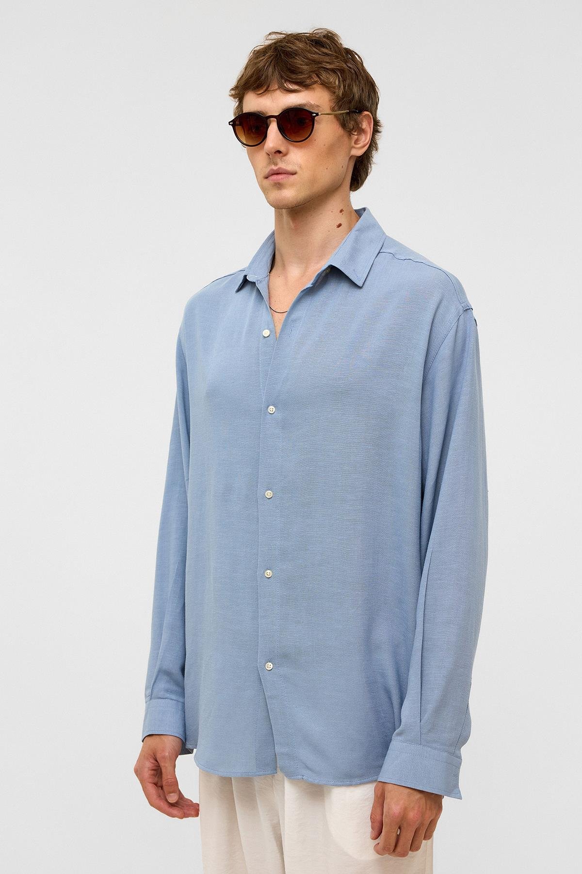 Oversize Uzun Kollu Keten Gömlek Bebe Mavi