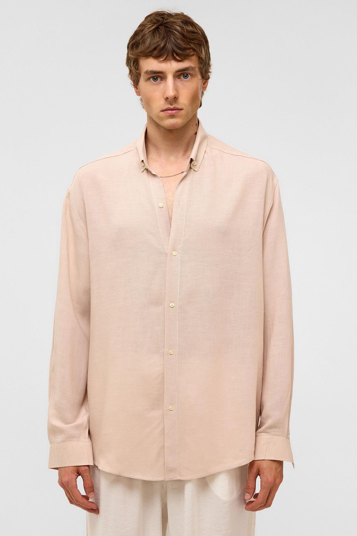 Oversize Uzun Kollu Keten Gömlek Bej