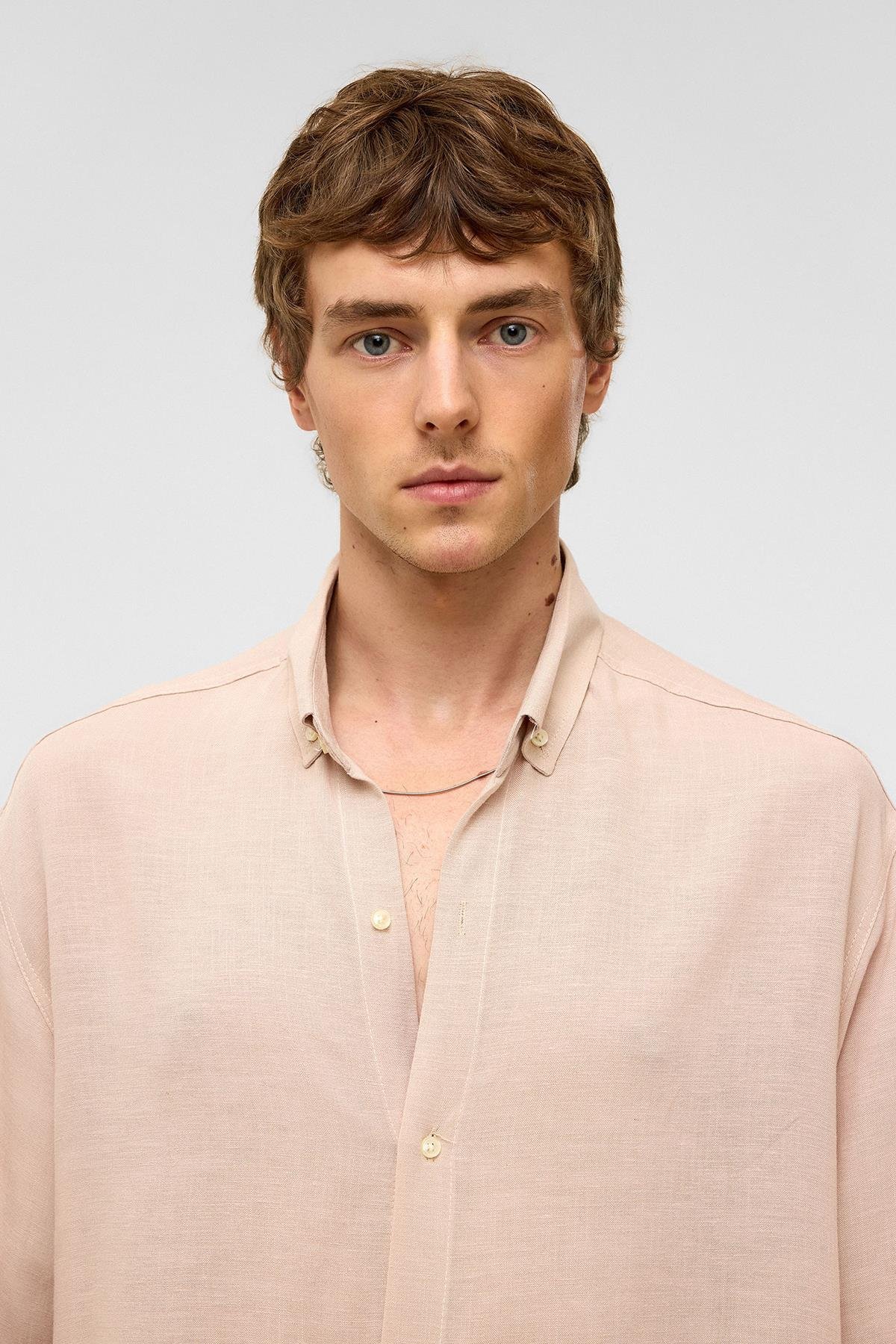 Oversize Uzun Kollu Keten Gömlek Bej