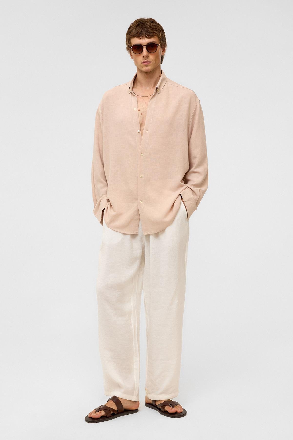 Oversize Uzun Kollu Keten Gömlek Bej