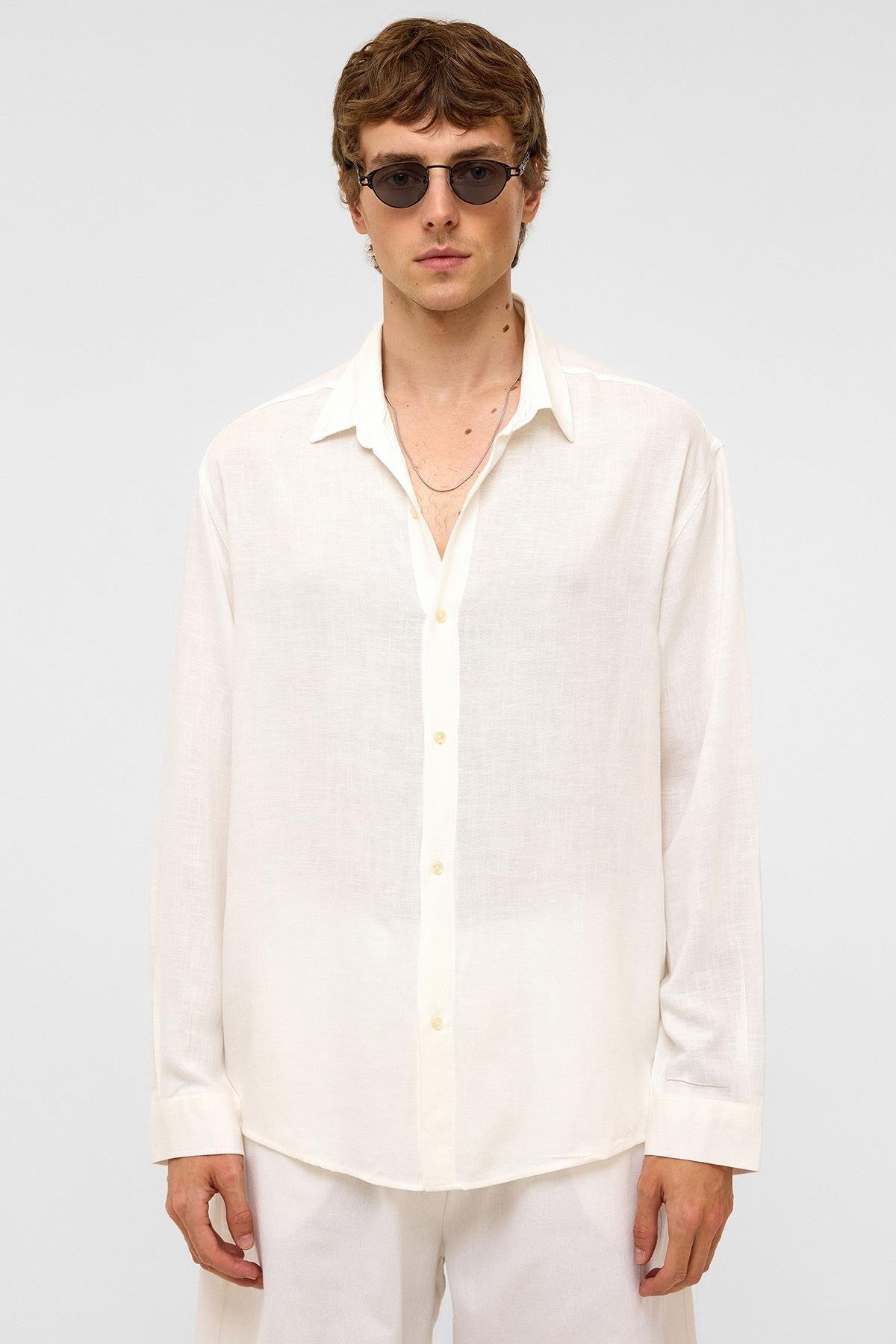 Oversize Uzun Kollu Keten Gömlek Beyaz