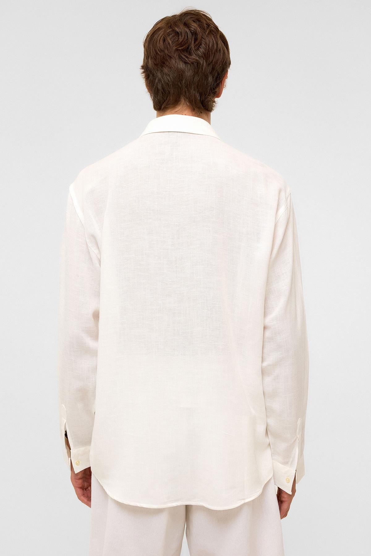 Oversize Uzun Kollu Keten Gömlek Beyaz