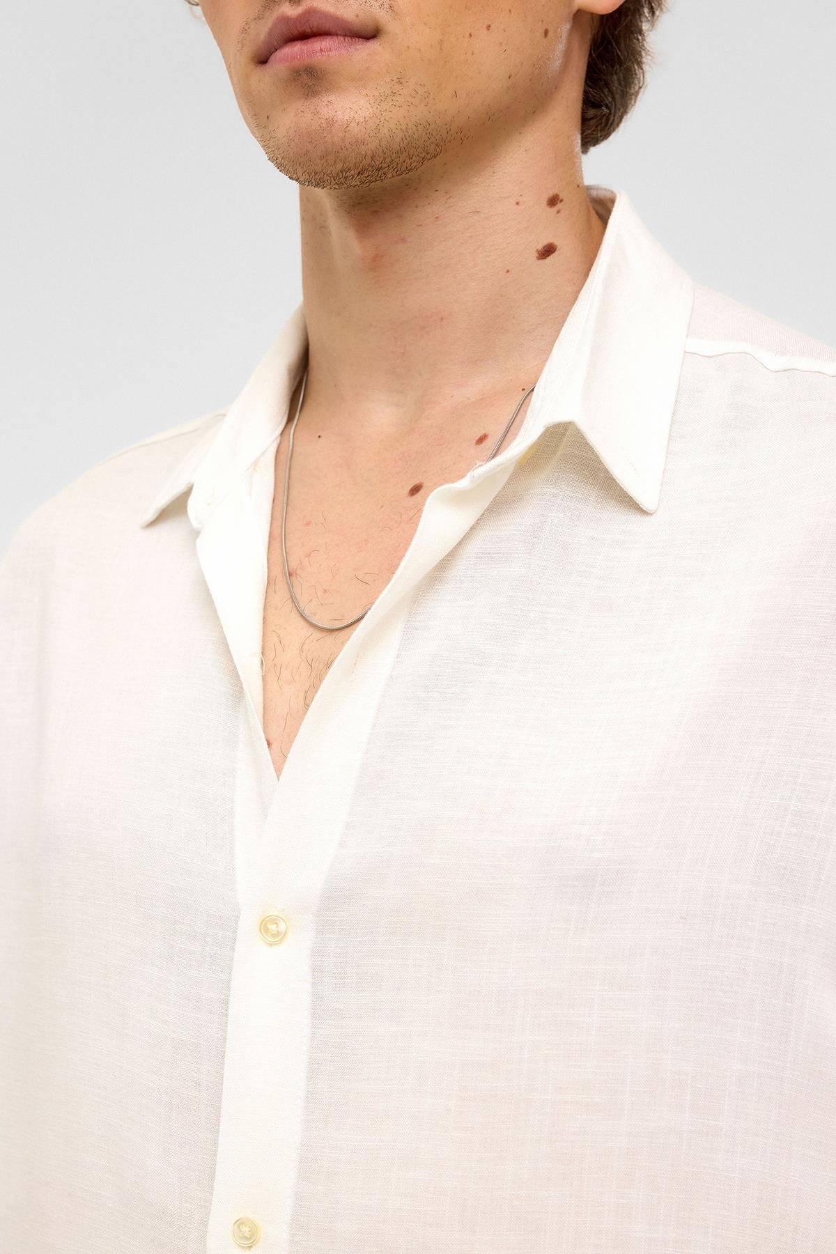 Oversize Uzun Kollu Keten Gömlek Beyaz