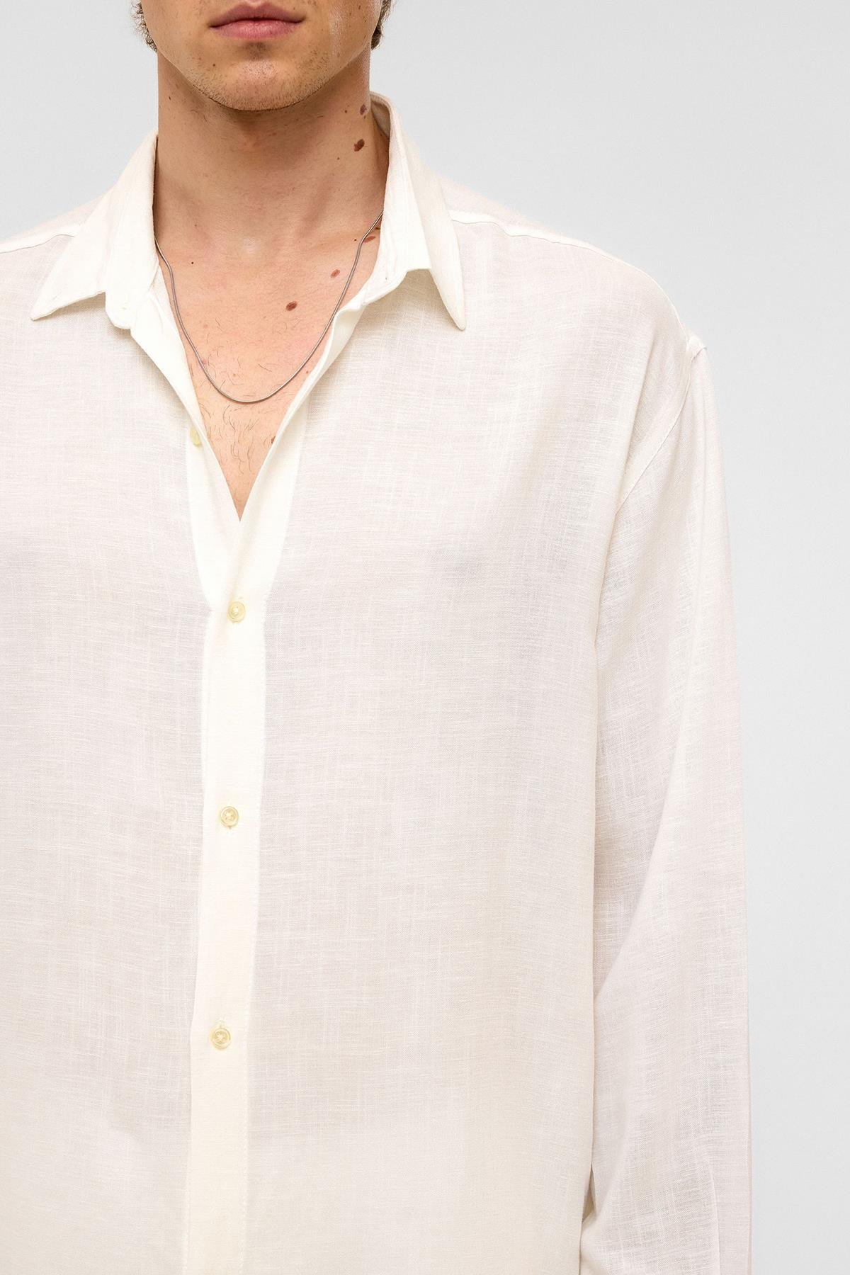 Oversize Uzun Kollu Keten Gömlek Beyaz